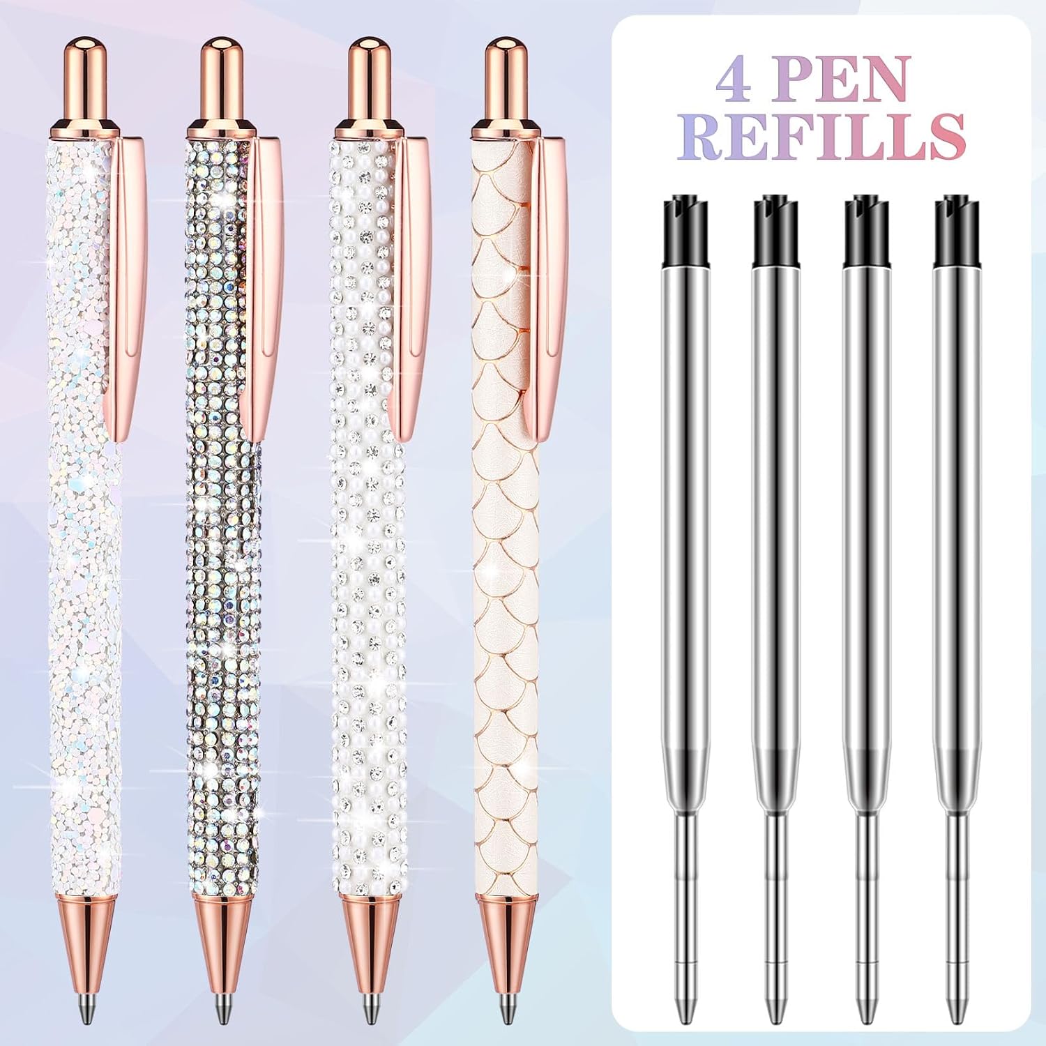 Ireer 4 Pcs Bling Rhinestone Sparkly Pen for Women Diamond Crystal Glitter Metal Ballpoint Ink Pen with 4 Pcs 1.0mm Refills Desk Accessory for Girl Students Gift(Iridescent, White)