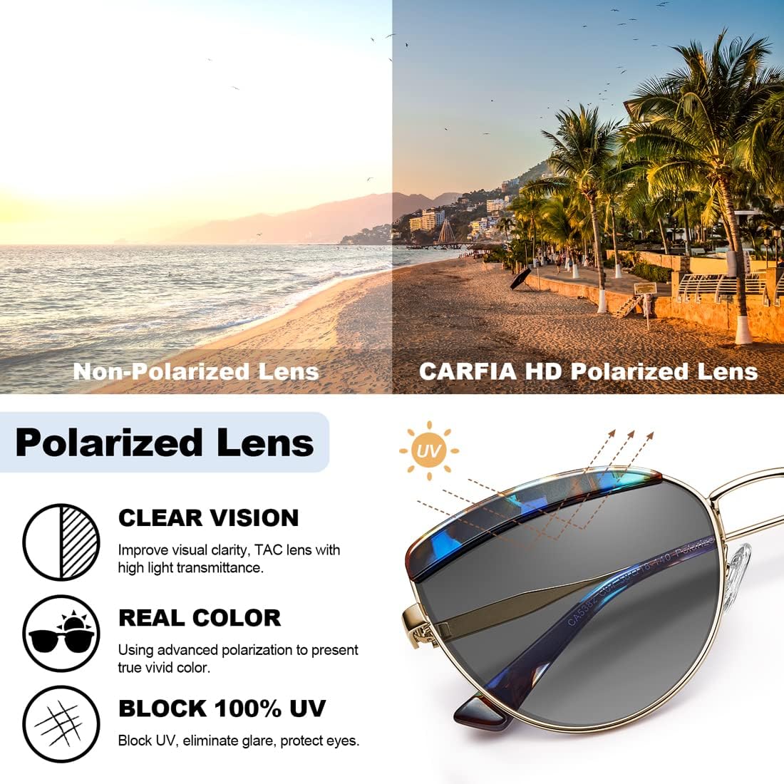 CARFIA Matal Acetate Cateye Polarized Sunglasses for Women UV Protection CA5382