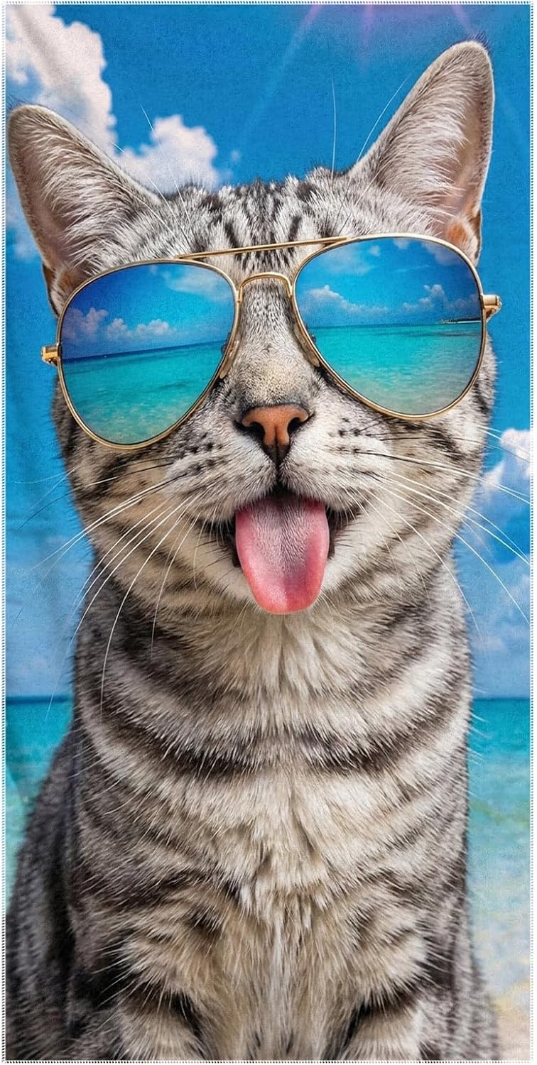 Cute Cat Funny Cat Pattern Beach Towel Lightweight Soft Extra Large Oversized Beach Towel 36"x72" Absorbent Quick Dry Microfiber Towels Summer Beach Pool Swim (American Short Hair Cat, 36x72inch)
