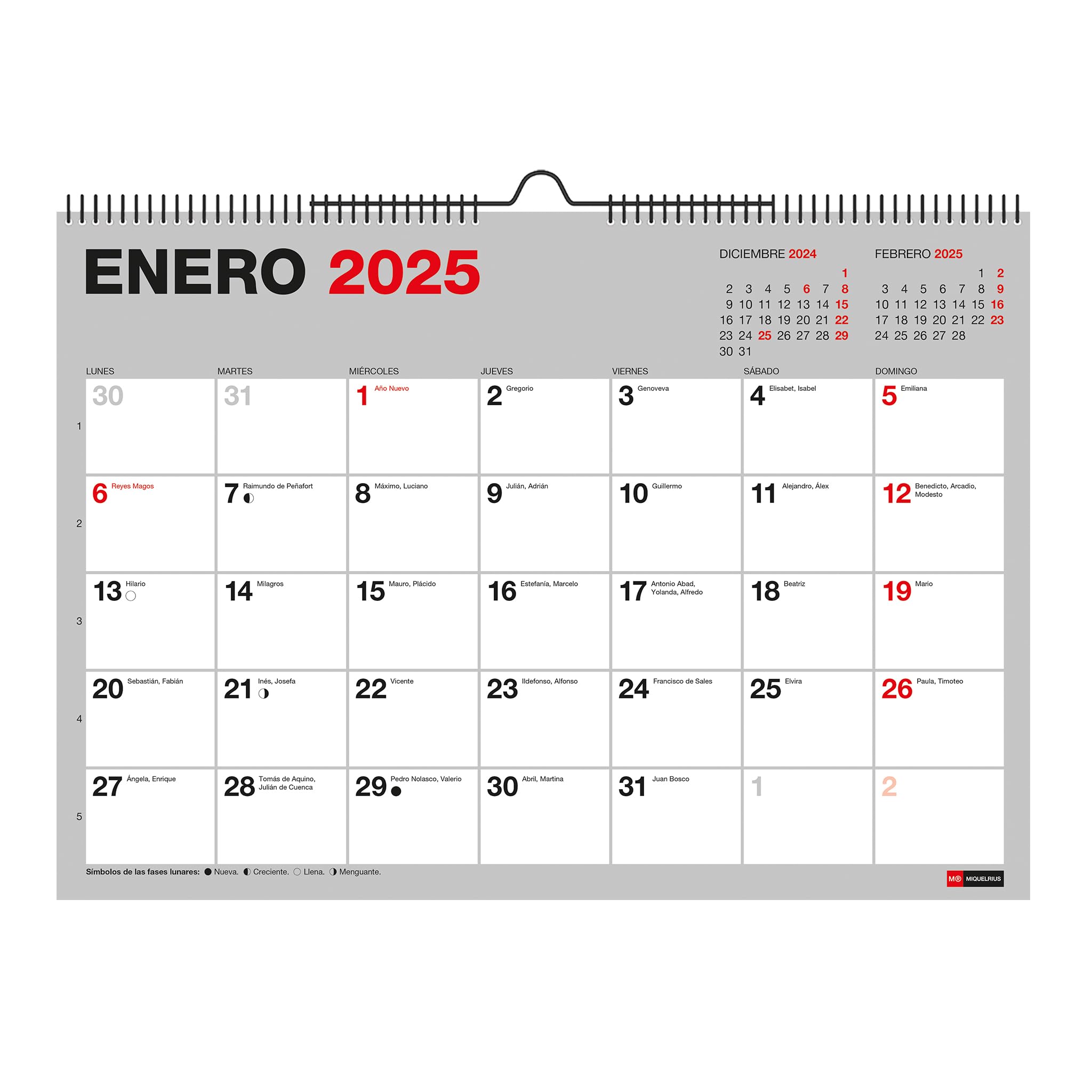 Miquelrius - Calendario De Pared 2025 Basic, Calendario A4: 296 X 210 Mm, Con Espacio Para Anotar, Encuadernación Espiral Doble, Calendario 2025