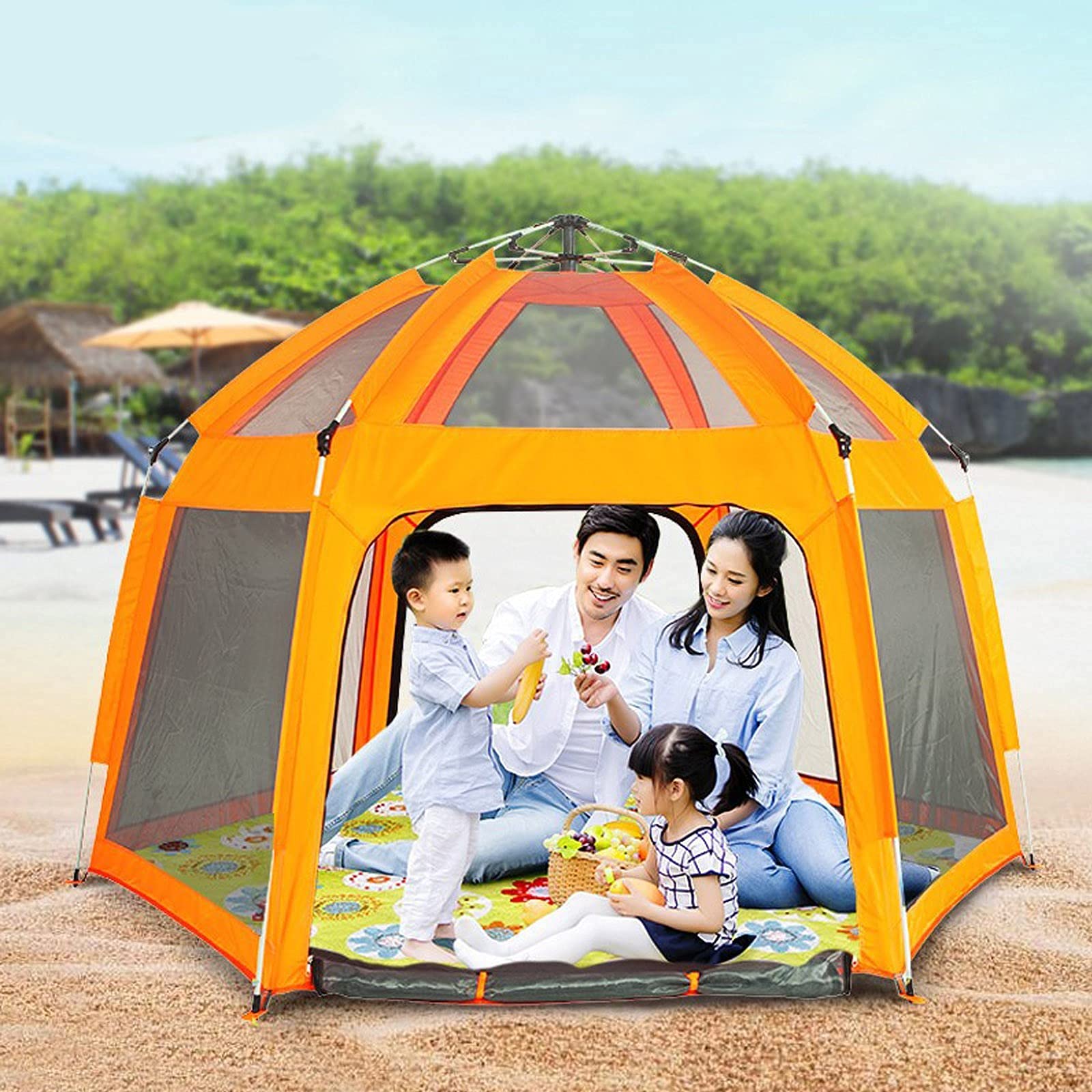 Tenda esagonale automatica da esterno, parco da campeggio all'aperto per il tempo libero 5-8 persone protezione solare e tenda antipioggia
