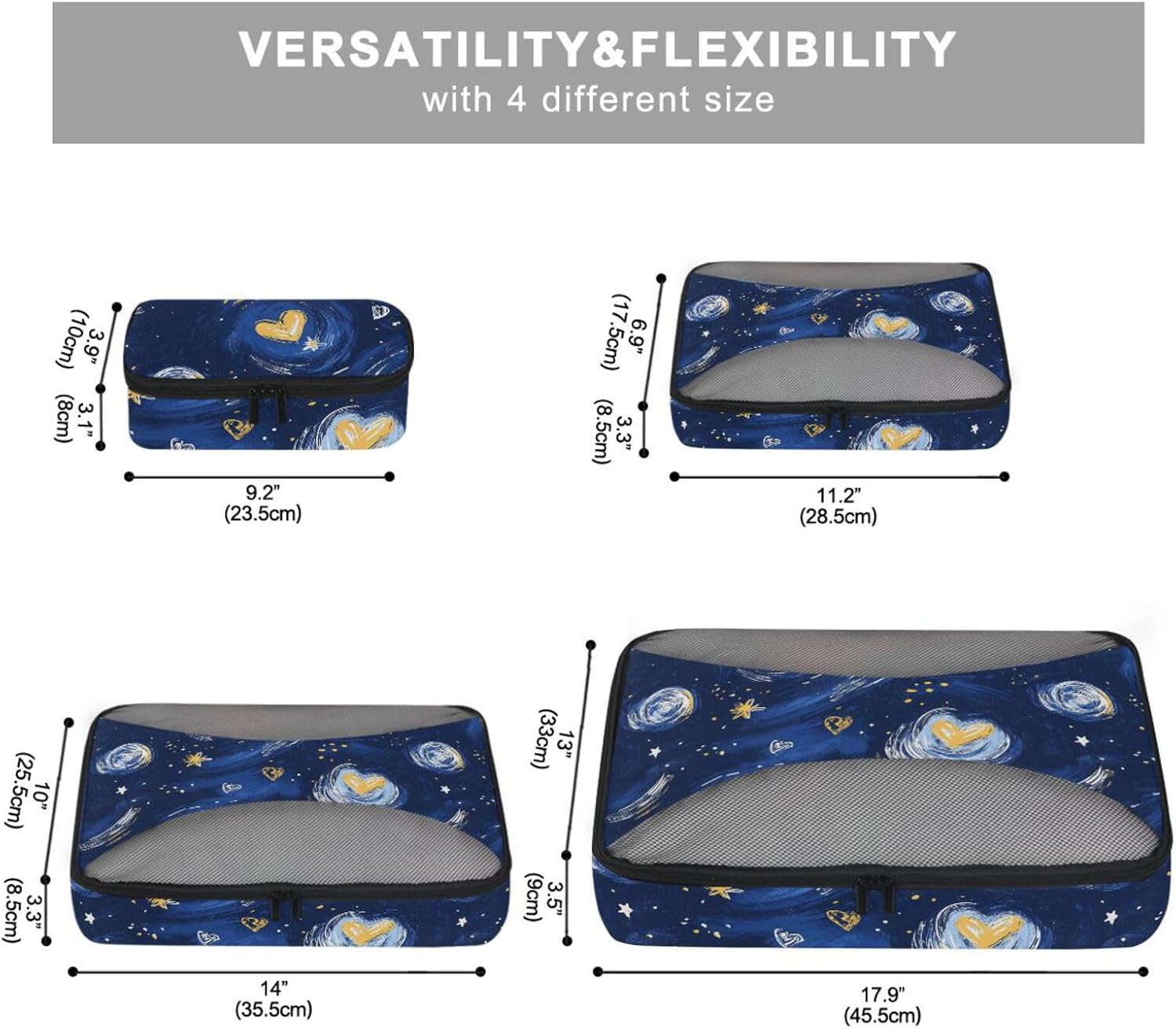 Valentine Yellow Blue Love Starry Sky 4 Pcs set luggage organizer bags Mesh Travel Essentials portable cubes for packing