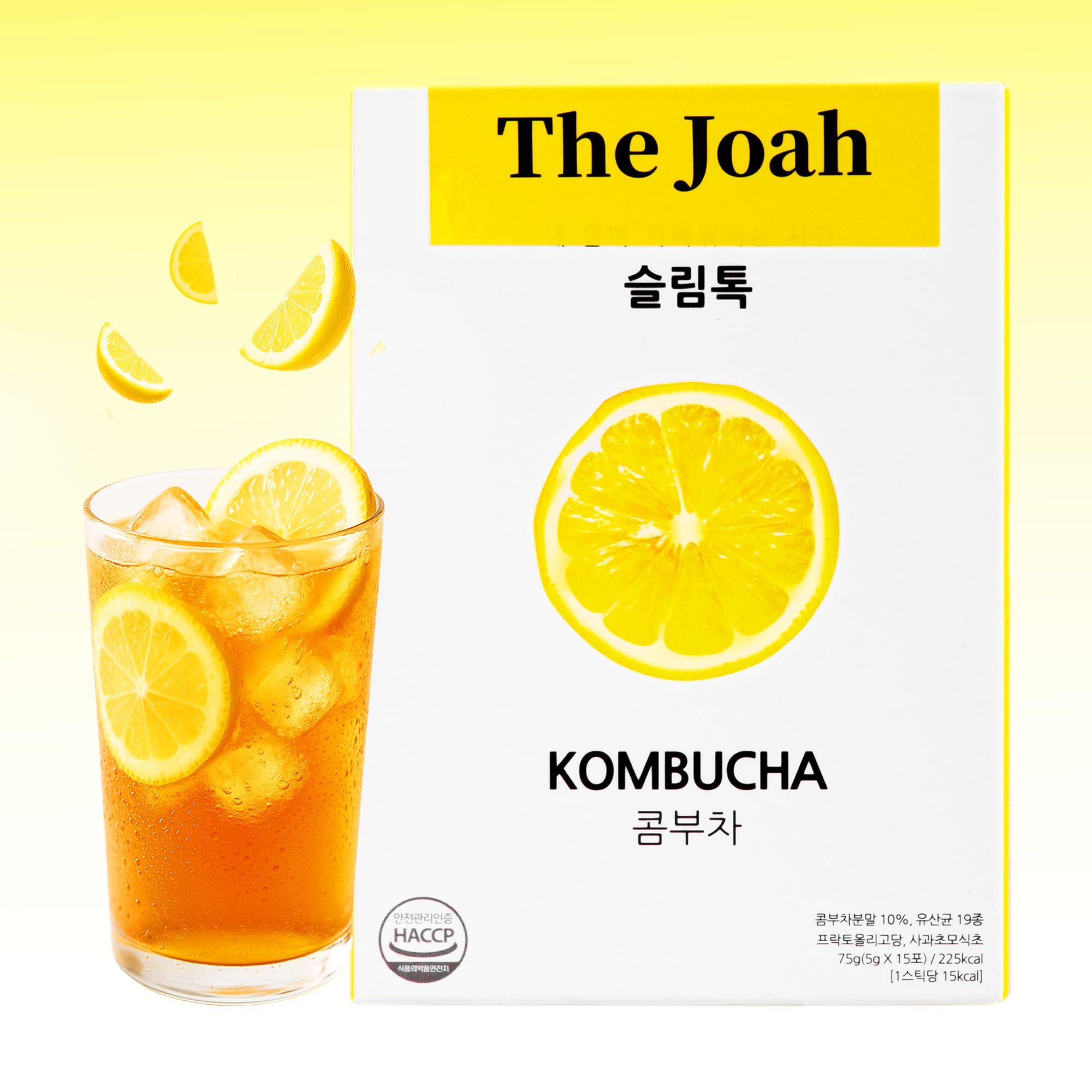 The Joah Lemon Kombucha Powder Sticks, 15 Count (0.18oz×15) - Sugar Free Drink Mix with Probiotics, Prebiotics, Vitamins & Minerals, Sparkling Lemon