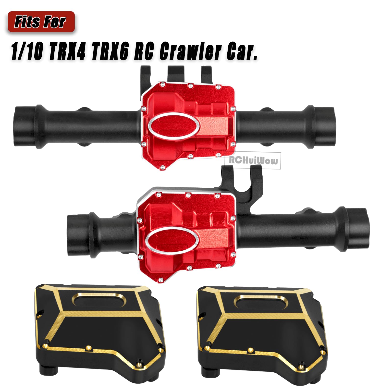 RCHuiWow RC Portal Axles & Diff Covers Upgrades Part for 1/10 TRX4 TRX6 RC Crawler Car,Front & Rear Portal Axle Housing,Heavy Duty Brass Diff Covers(2PCS) w/Red Diff Covers(2PCS),Black