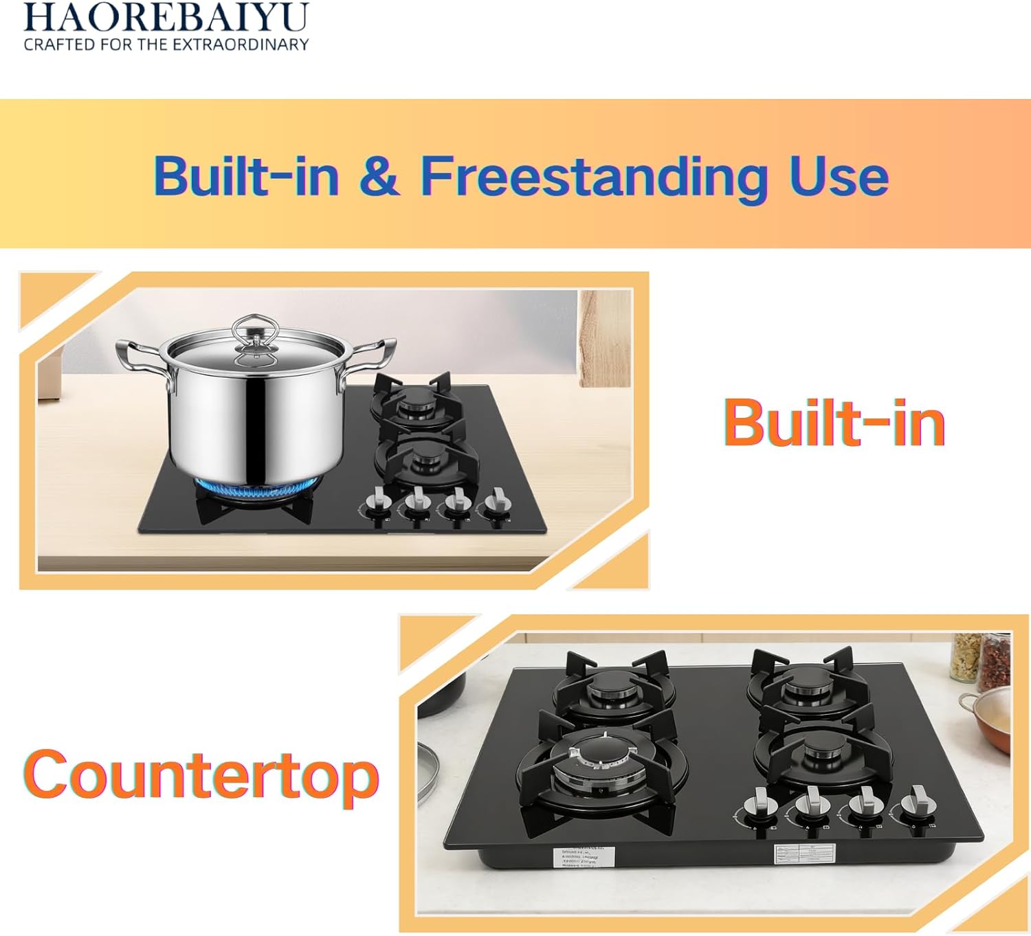 23Inch 4 Burner Built-In Lpg Gas Stovetop,Drop-In Gas Hob with Independent Control Knobs&Backfire Protection,Black Tempered GlassGas Cooktop