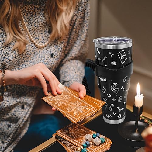 Miniatura 6 de Vaso gótico negro de 40 onzas con asa y pajita, vaso grande de acero inoxidable aislado al vacío para café helado, botella de agua, taza de viaje,