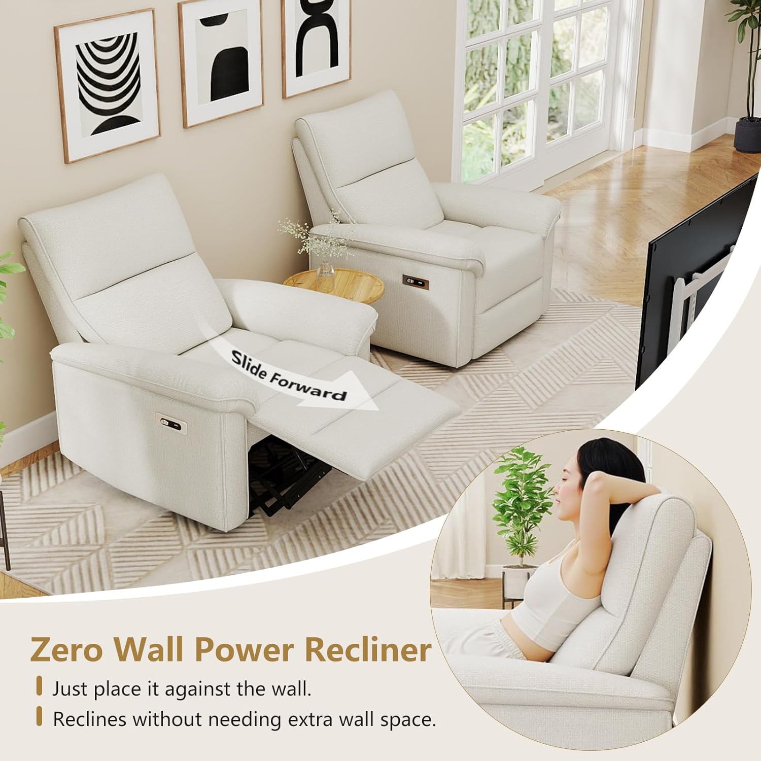 cinkehome Wall Hugger Power Recliners for Small Spaces, Electric RV Recliners with USB, Modern Recliner Chair for Living Room, Apartment, Off-White