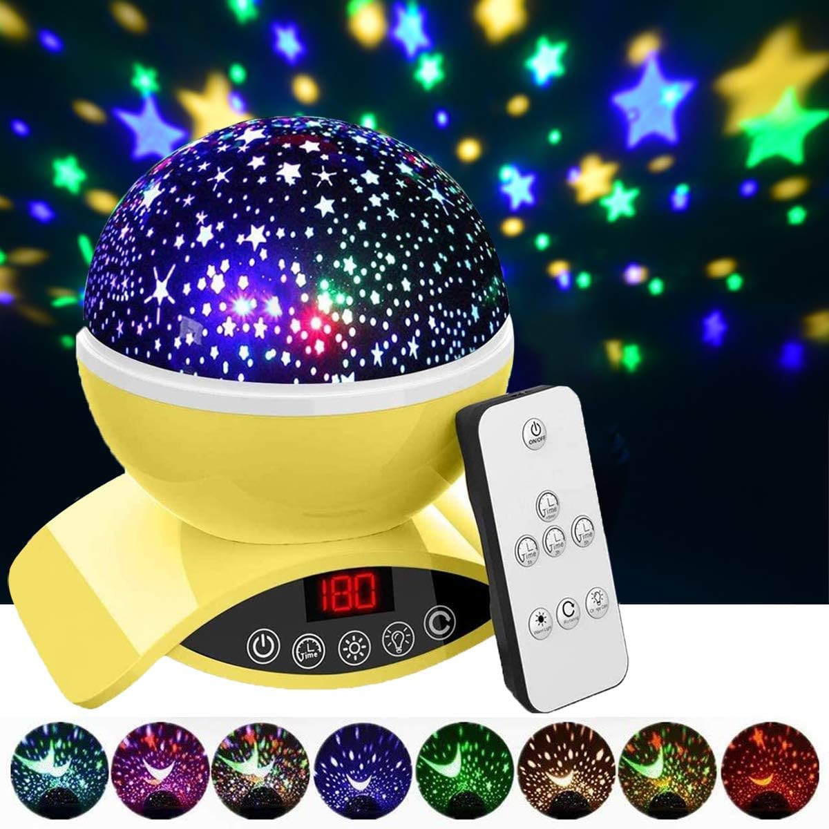 Aisuo Lighting Lamp, Rotating Star Projection with Auto Shut Off Timer, 7 Color Options, Rechargeable Lithium Battery & Dimmable Function, Ideal Gift for Kids, Children.(Yellow)