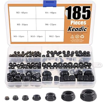 Keadic 185Pcs Locknuts Black, Nylon Insert Hex Locknuts, M3 M4 M5 M6 M8 M10 M12 Standard Threaded Black Nylock Nuts Black Zinc Plated Nylon Insert Lock Nuts Assortment Kit for Fasteners