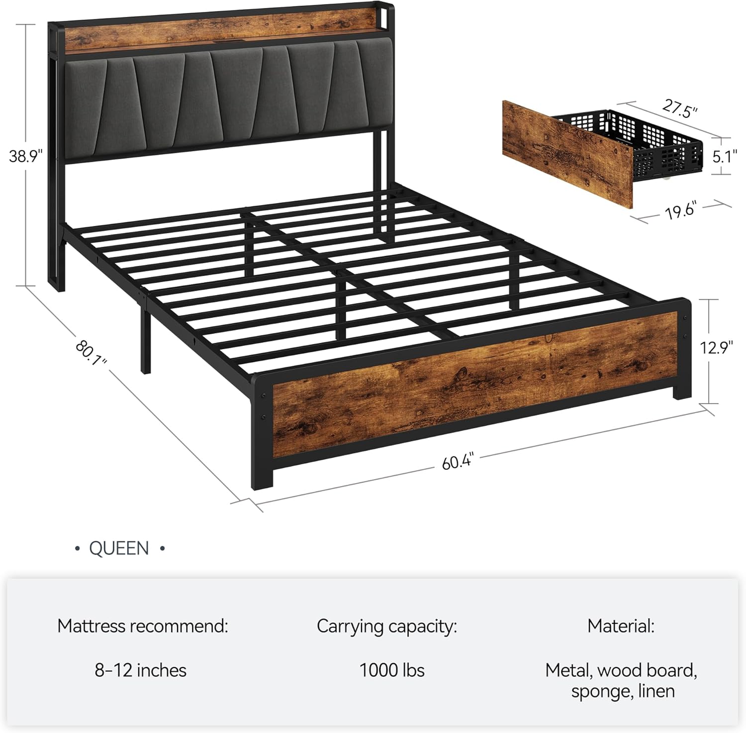 IDEALHOUSE Queen Size Bed Frame with Storage Linen Upholstered Headboard, 4 Drawers Platform Bed Frame with Charging Station, No Box Spring Needed, Easy Assembly, Vintage Brown