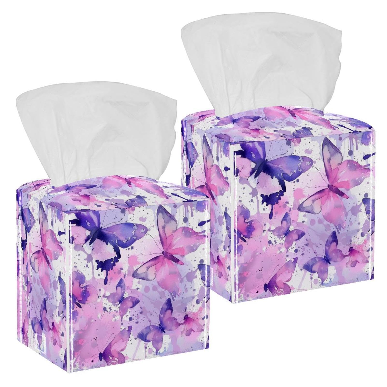 Watercolor Butterfly Tissue Box Cover, 2 Pack PU Leather Square Facial Tissue Dispenser Box holder for Home Office Car