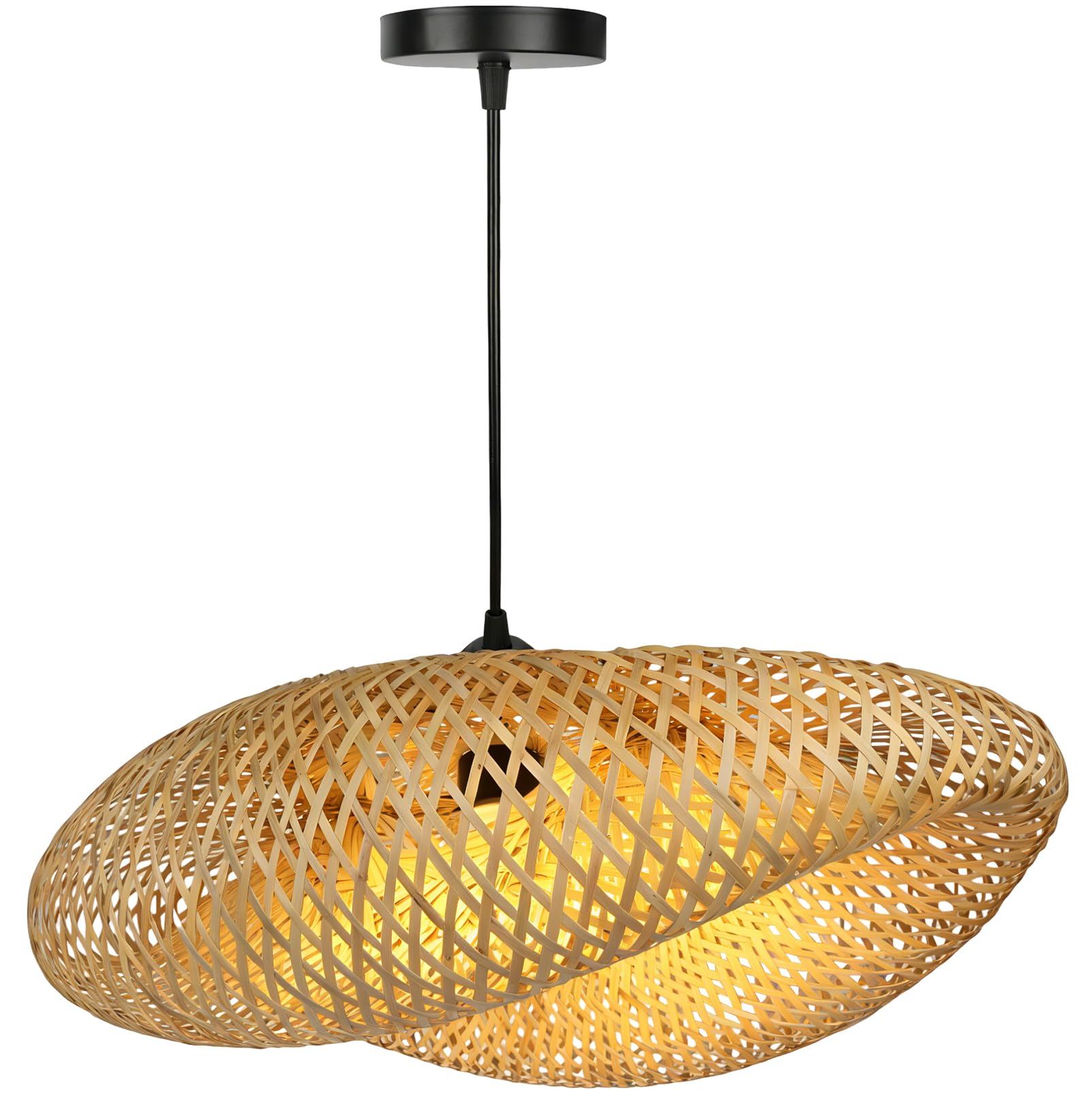 JAOGAUS Lámpara colgante de bambú, 60 cm de diámetro, bombilla no incluida | pantalla de ratán elaborada artesanalmente con casquillo E27 para dormitorio y salón