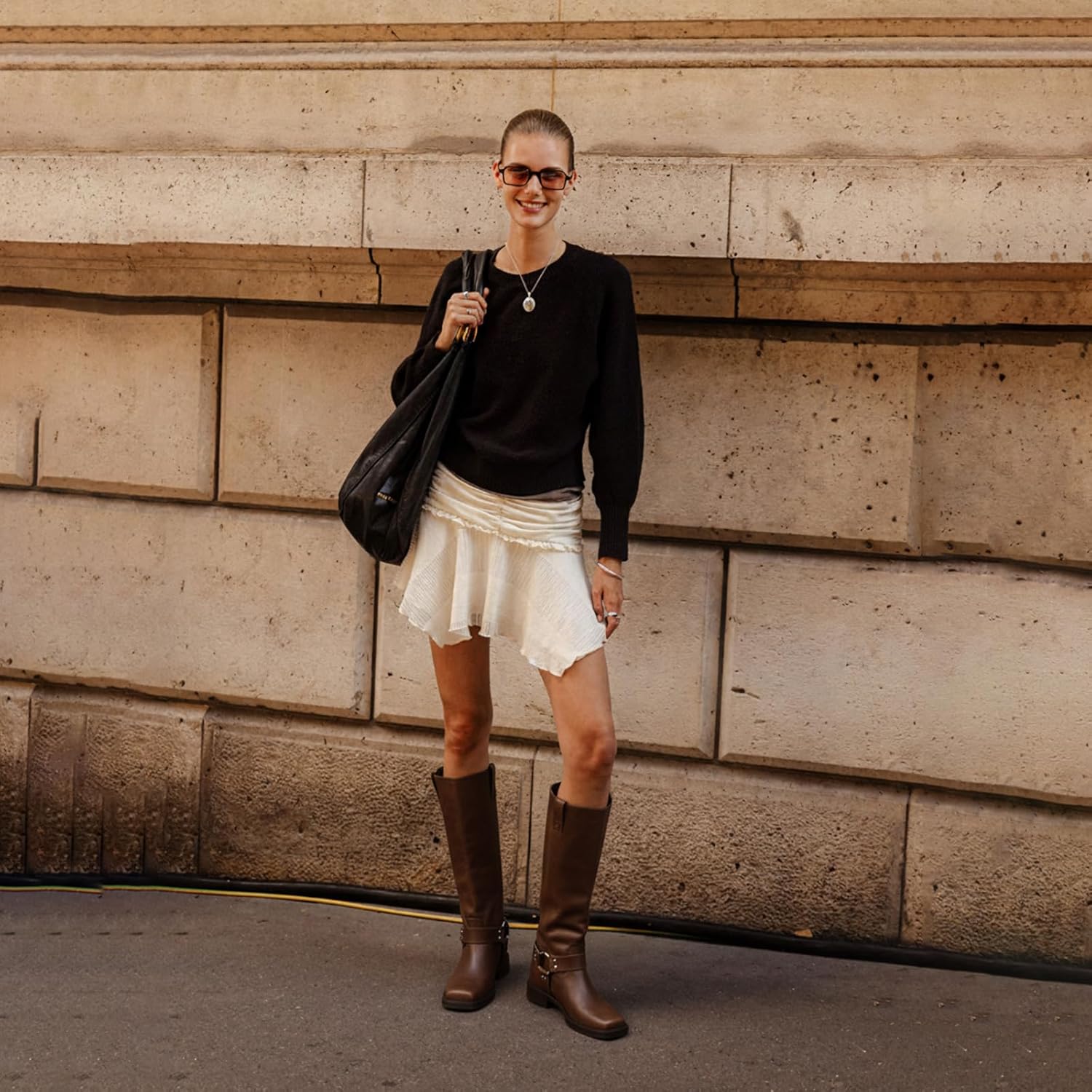 FIFSY Knee High Boots for Women Chunky Heel Buckle Boots Square Toe Pull On Motorcycle Biker Riding Boots Low Heel Tall Booties - Image 3