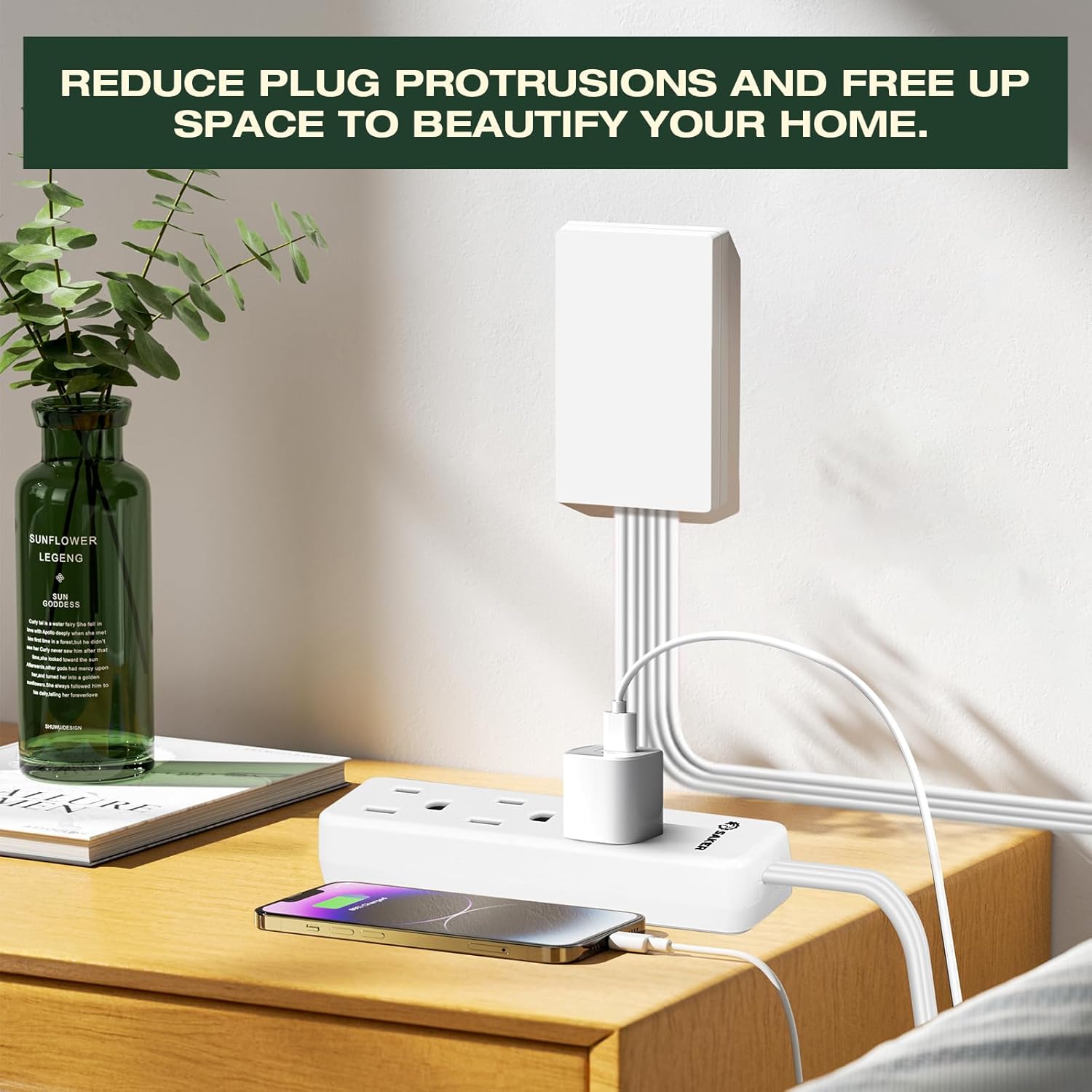 Saker Dual 5ft Flat Extension Cord with 6 Outlets, 1625W | Outlet Cover Extension Cord, Flat Plug, Baby Proof, Universal Size for Home, Kitchen, Office | Safe Outlet Concealer