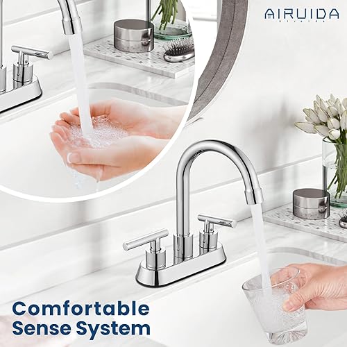 Miniatura 8 de Airuida Grifo de baño central de 4 pulgadas, grifo de lavabo de baño de 2 manijas de acero inoxidable, grifo de tocador de baño de dos agujeros con