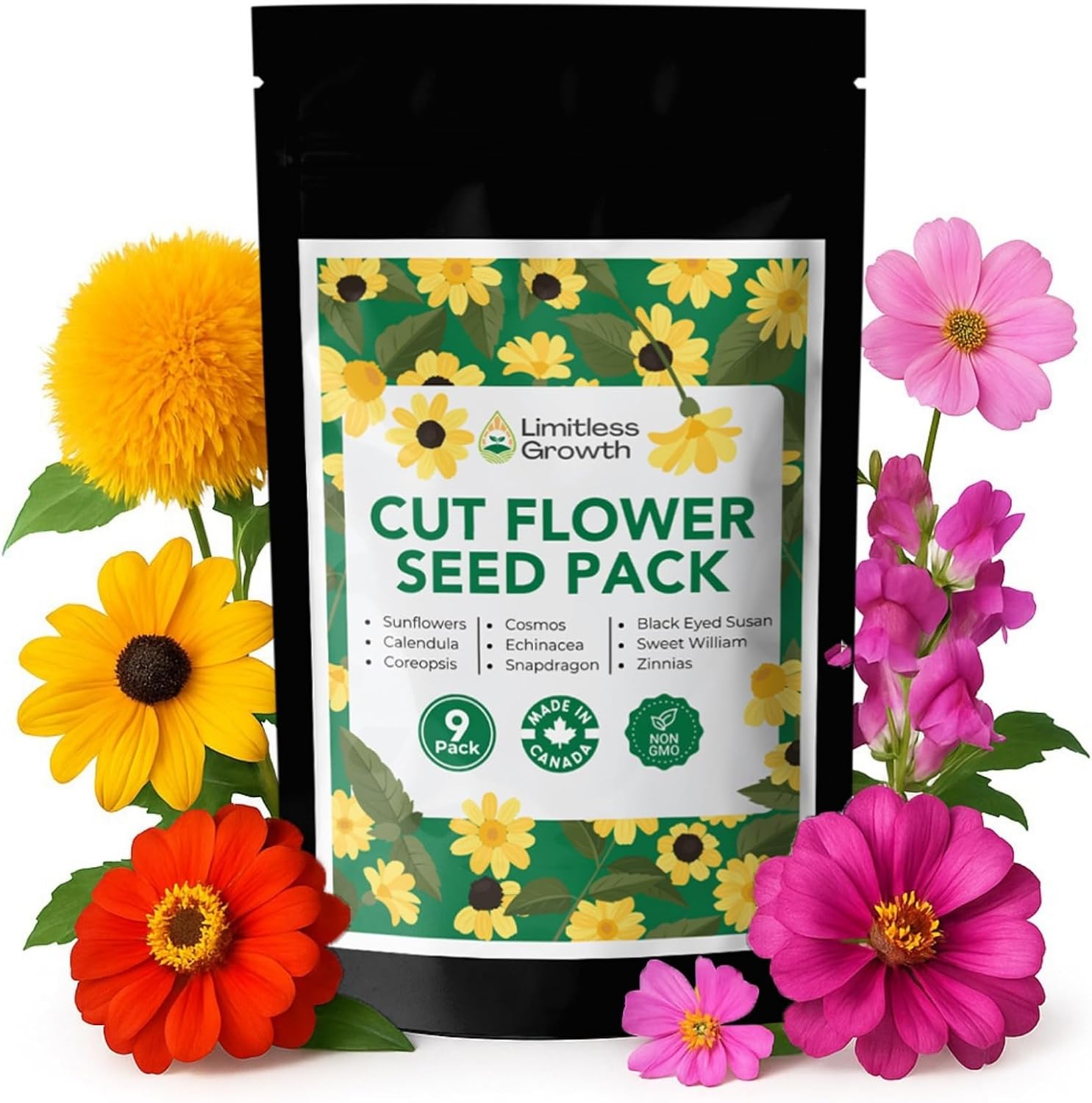 Cut Flowers Seed Pack | 9 Varieties of Bouquet Flower Seeds | Black Eyed Susan, Calendula, Sunflowers, Zinnia & More | Easy to Grow & Pollinator Friendly for Canadian Gardens | Limitless Growth