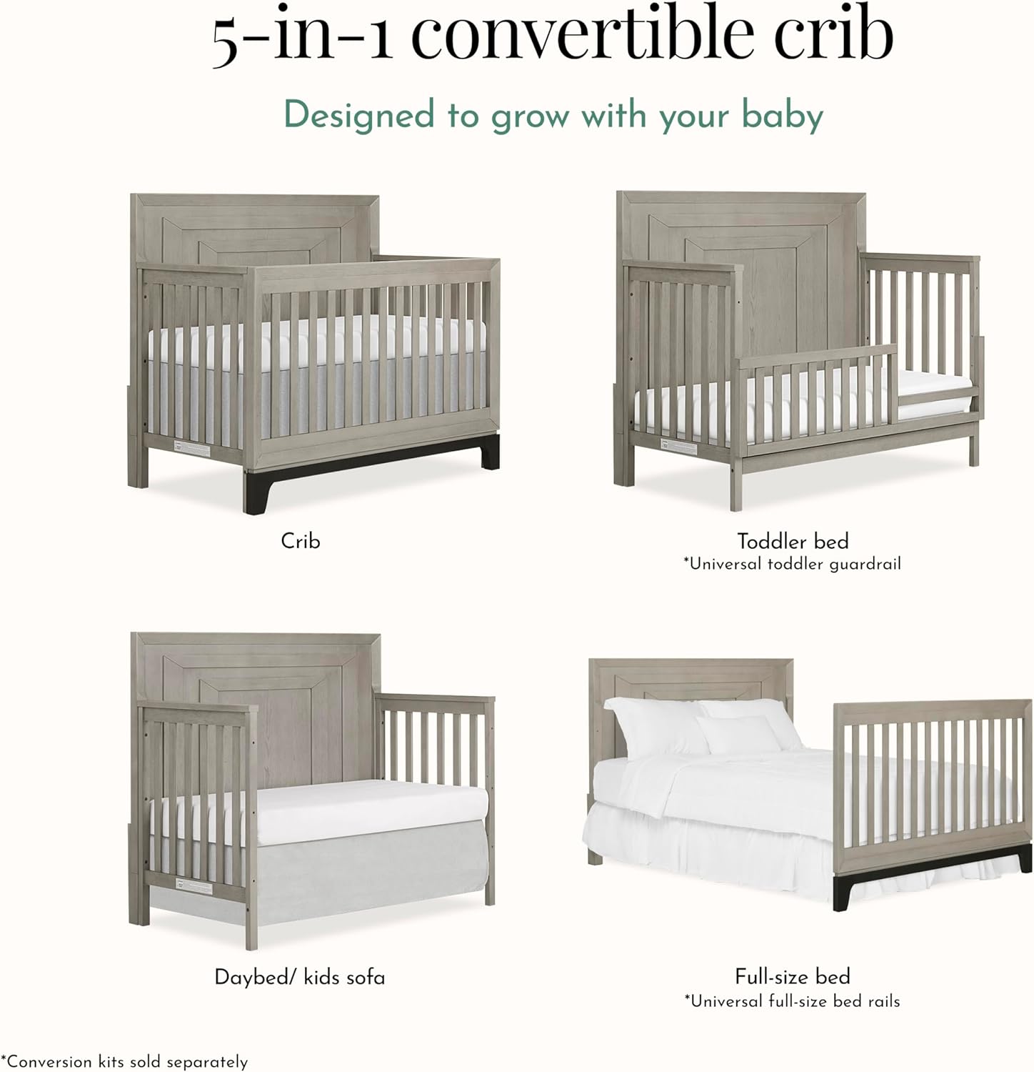 Evolur Remy 5-in-1 Convertible Full-Size Baby Crib, Light Ash, GreenGuard Gold & JPMA Certified, Crafted from Durable Solid Hardwood, 3 Mattress Heights, Converts to Toddler, Day & Full-Size Bed