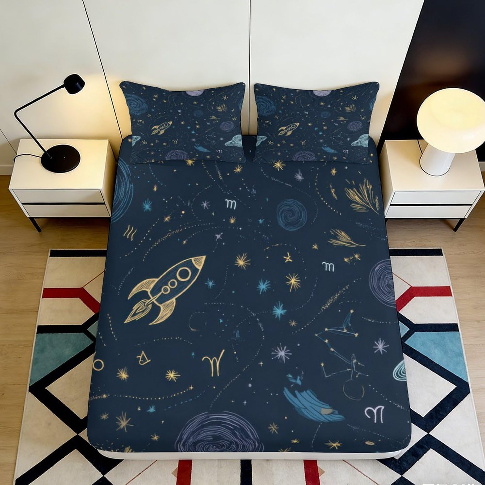 3D Printed Space Planet Fitted Sheet Microfiber Deep Pocket Non-Slip Bedroom Bedding Space Mattress Fitted Cover for Adults 200x200x25cm
