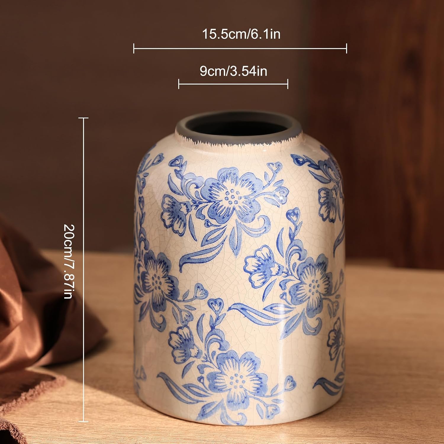 Blue and White Ceramic Vase, Vintage Porcelain Vase with Crackle Glaze, Farmhouse Rustic Oriental Decorative Centerpiece for Living Room, Dining Table, Entryway, and Bookshelf (Straight Jar)