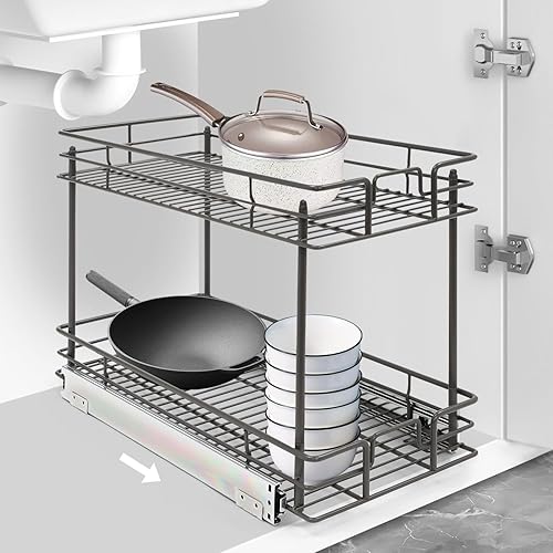 Miniatura 3 de Organizador de armario extraíble de dos niveles, estante extraíble para gabinete de cocina, estante deslizante para cocina, baño, despensa, gabinete