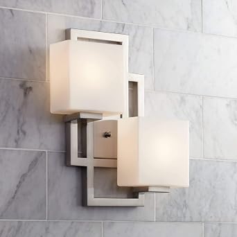 Possini Euro Design Lighting on the Square Modern Wall Light Sconce Brushed Nickel Hardwired 15 1/2" High 2-Light Fixture Opal Glass Bedroom Bathroom Bedside Living Room Home Hallway Dining Kitchen