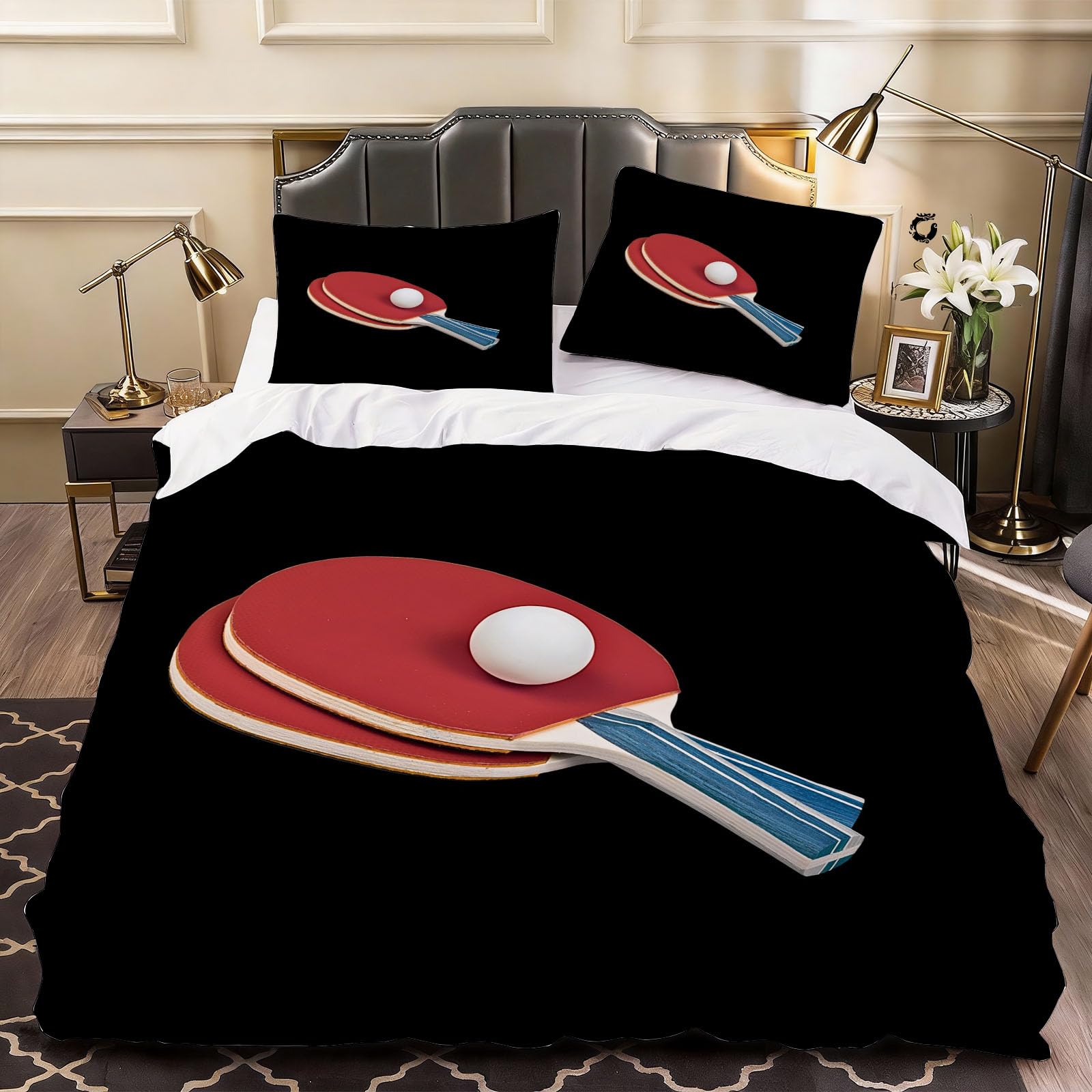 3D Pingpong Duvet Cover Sport Physical Education Bedding Super King Bed Set, Soft Microfiber Comforter Cover Printed with Zipper Closure Quilt Coverr 260x220 cm and 2 Pillowcases