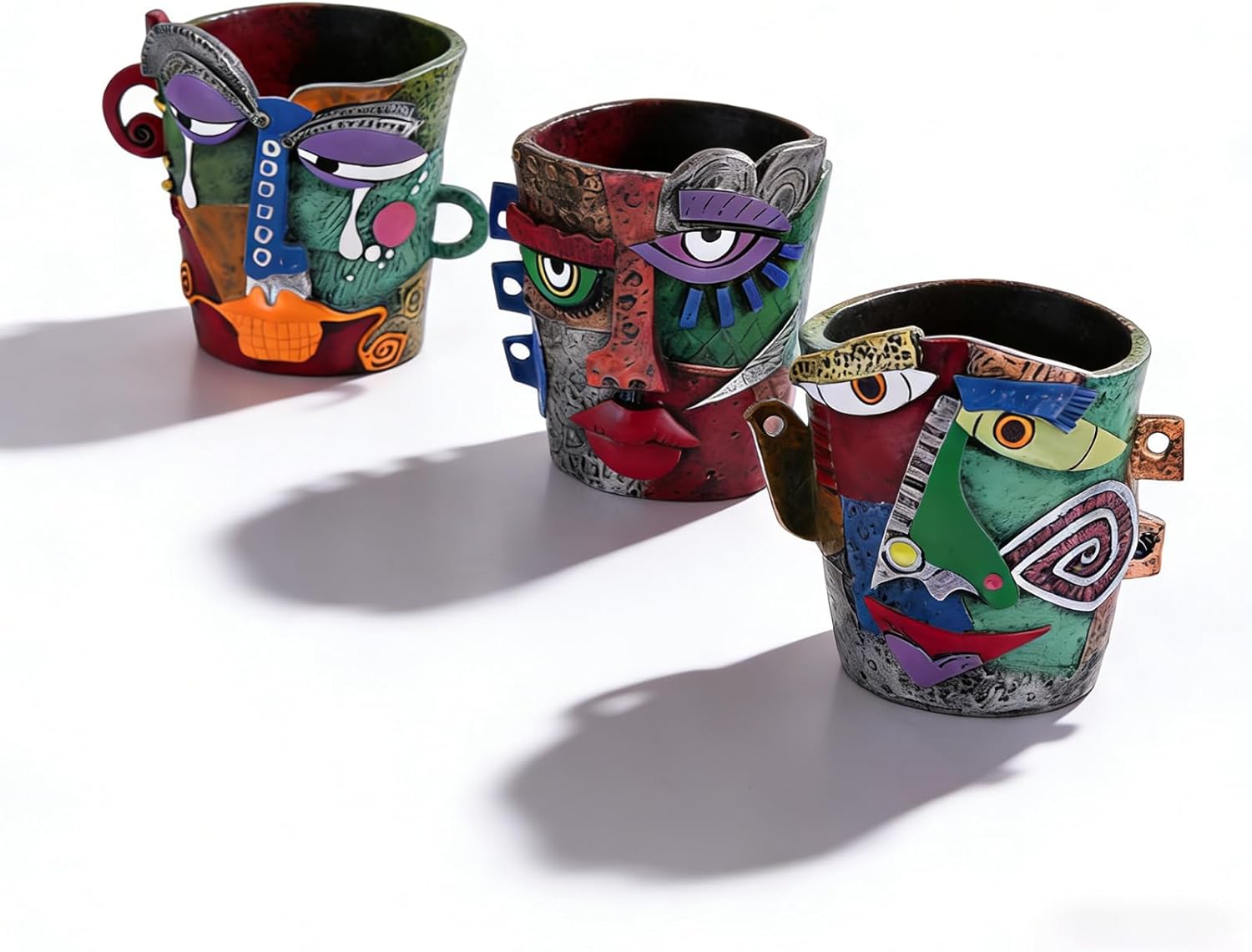 Funny Abstract Art Face Mini Planter Pots Set of 3, Unique & Colorful Hand-Painted Resin Succulent Pots for Indoor Decor, Shelf, Desk, Windowsill