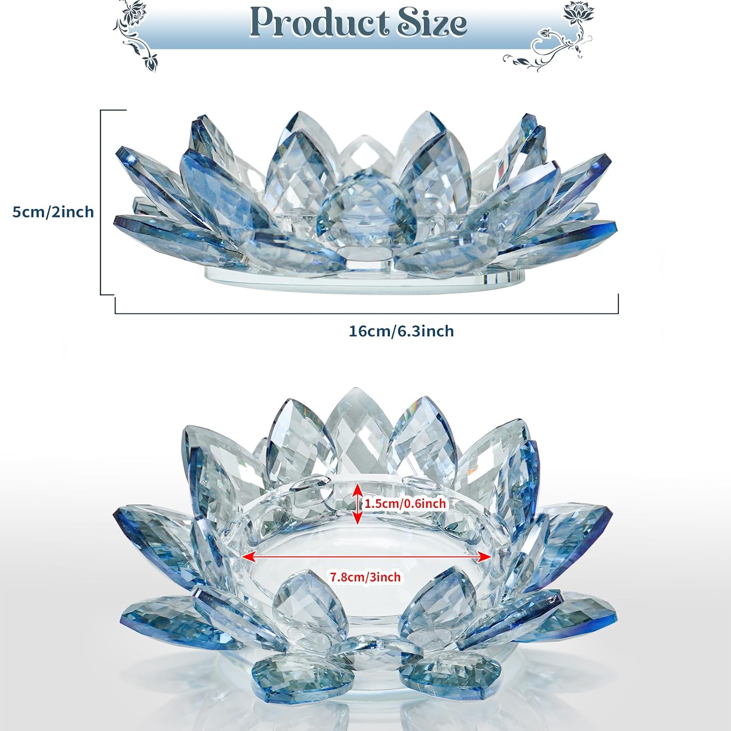 Large Crystal Lotus Tealight Candle Holder for Up to 6" Diameter Pillar Candlestick, Chunky Glass Votive Stand for Wedding, Party, Table Centerpiece Decor and Yoga Meditation (1, Blue)