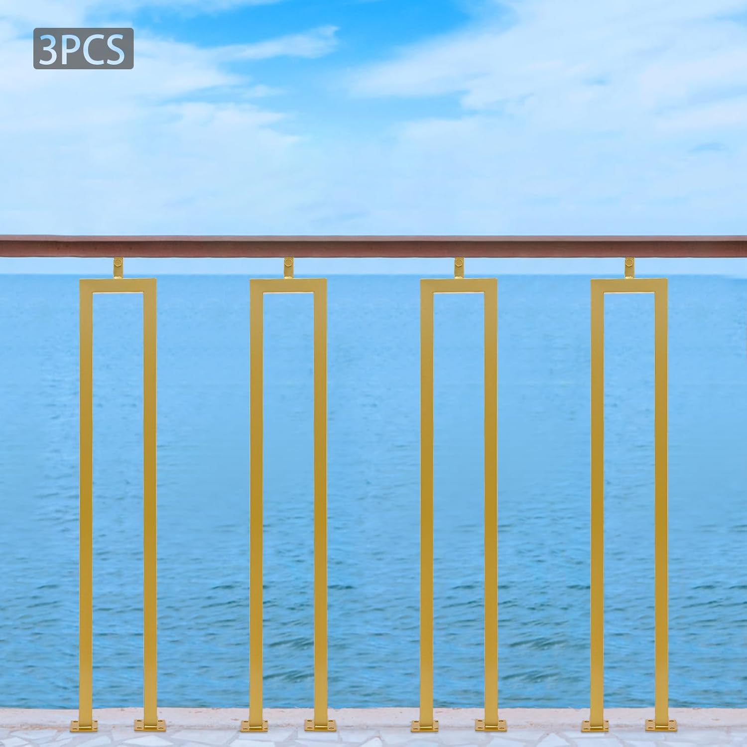 3 Pack Stair Baluster, U Shape Stair Balusters, Gold Side Mount Wrought Iron Balusters for Stair Handrail Porch Deck Railing Outdoor Steps, 36.02in