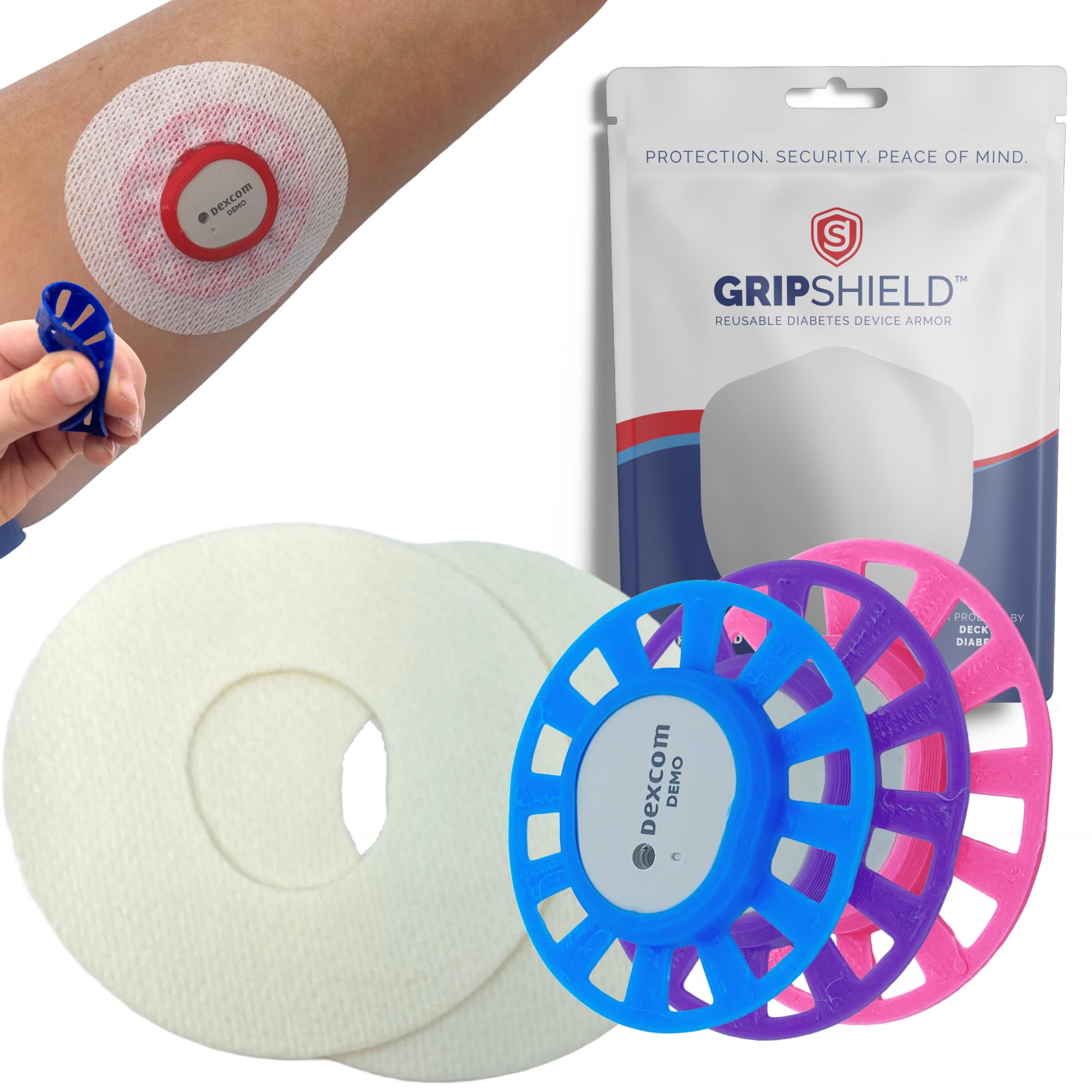Paquete de 3 GripShields: Protección definitiva contra golpes para sistemas de monitorización continua de glucosa (CGM) Dexcom G7, Stelo y Dexcom One Plus. Protección flexible y reutilizable con (3) GripShields G7 y (6) parches de muestra incluidos. (Azul cielo, Rosa, Morado)