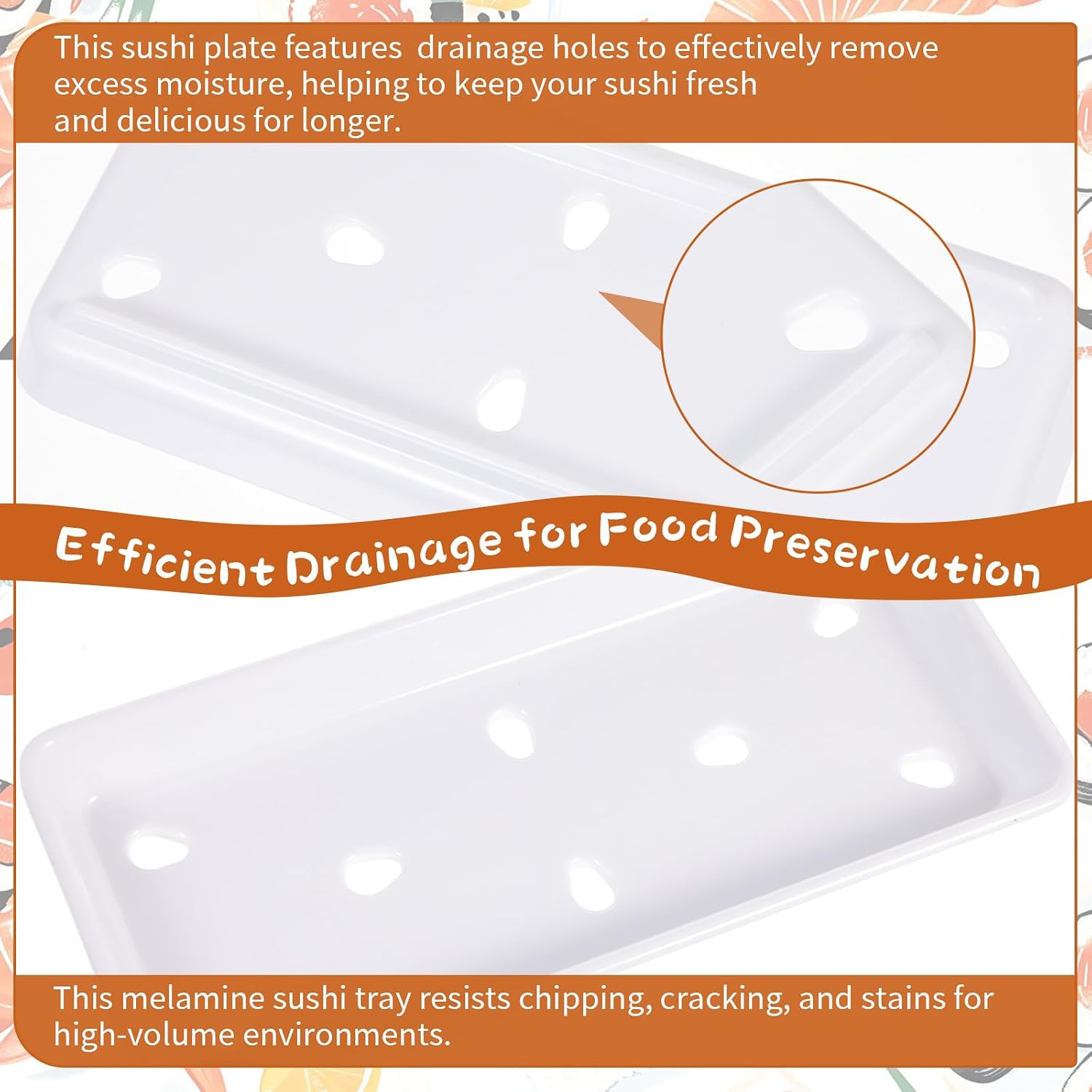 6 Pack Sushi Plates with Drip Holes Melamine Drain Sashimi Plate 8" x 3.75" Japanese Cuisine Chef Display Serving Tray for Sushi Case Raw Food Preparation Storage Restaurant Supply (White)