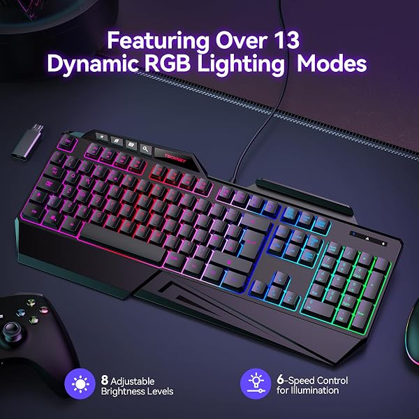 TECKNET Wired Gaming Keyboard, 26-Key Anti-Ghosting RGB Keyboard, Ergonomic Design with Phone Holder & Wrist Rest, Dedicated Shortcut Keys & Spill-Resistant Backlit Keyboards for PC/PS5/Xbox - 2