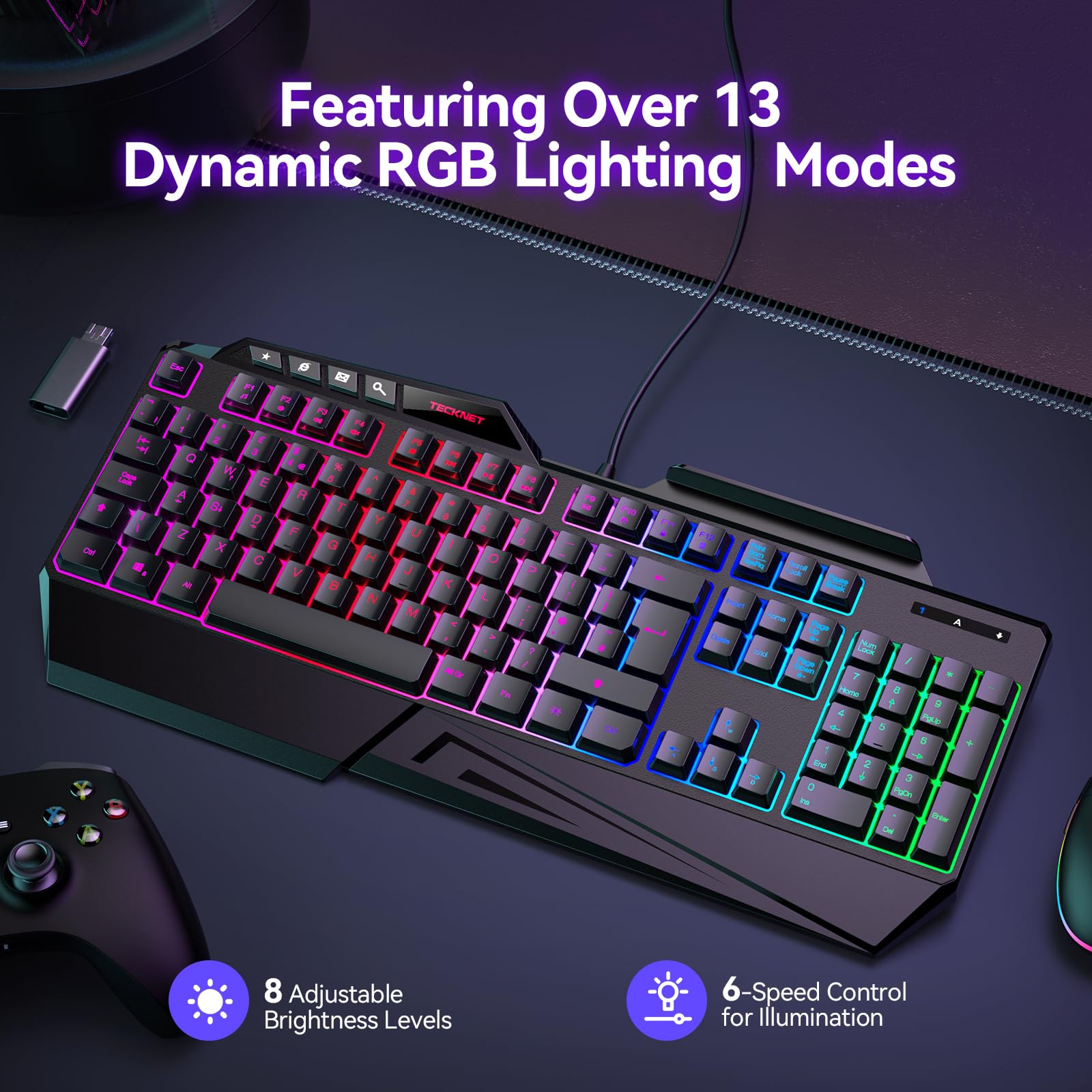TECKNET Wired Gaming Keyboard, 26-Key Anti-Ghosting RGB Keyboard, Ergonomic Design with Phone Holder & Wrist Rest, Dedicated Shortcut Keys & Spill-Resistant Backlit Keyboards for PC/PS5/Xbox — view 2