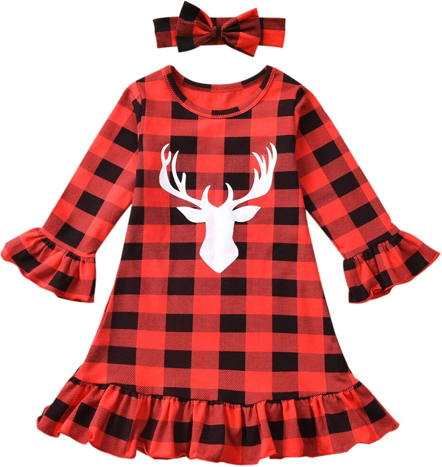 Toddler Baby Girls Buffalo Plaid Ruffle Cuff Deer Smocked Dress with Headband Fall Winter Christmas Clothes Set