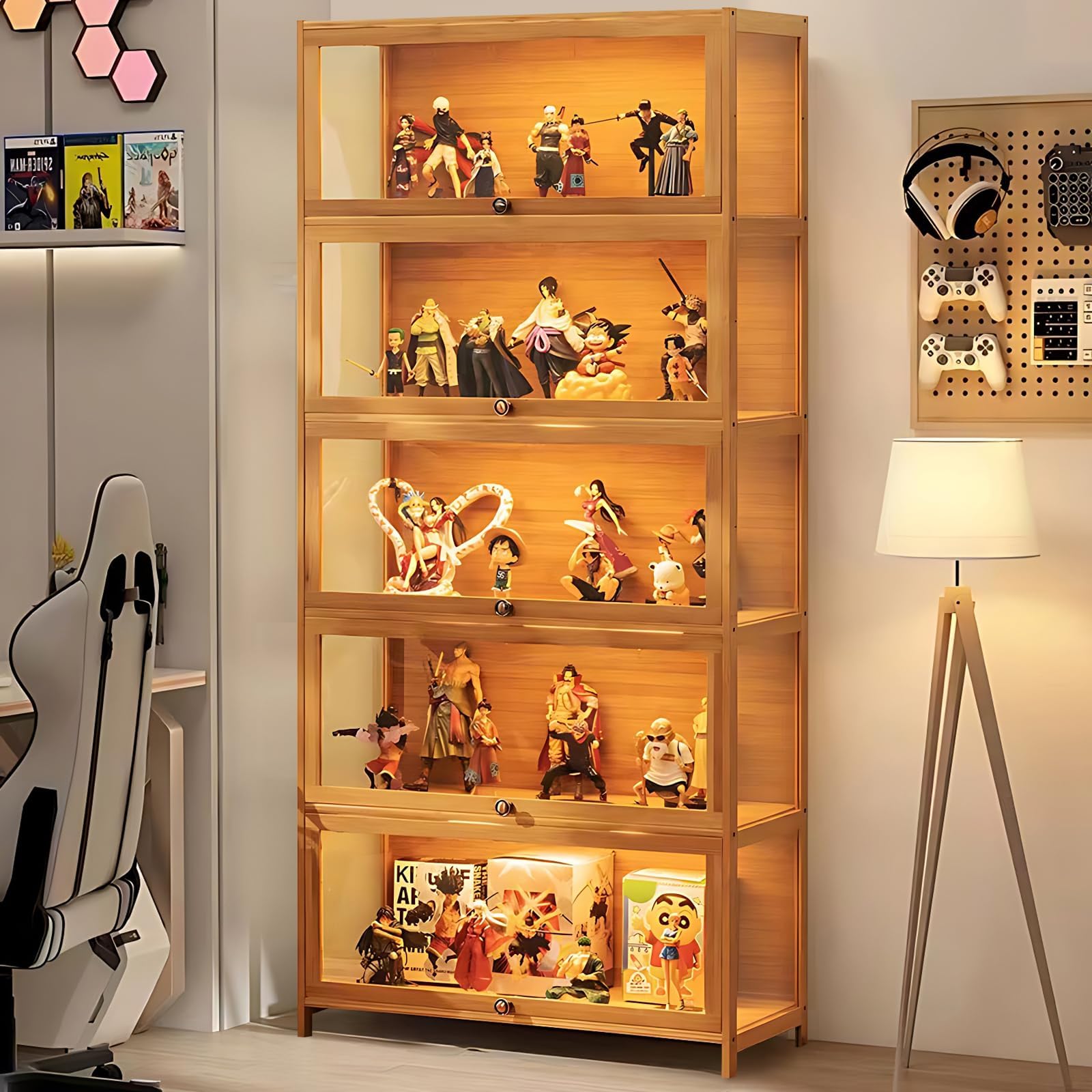 Curio Display Cabinet, 5-Tier Display Case with Acrylic Glass Doors, 67" Tall Transparent Bamboo Curio Display Shelf for Collectibles, Storage Cabinet for Playroom, Bedroom, Office, Living Room, Brown