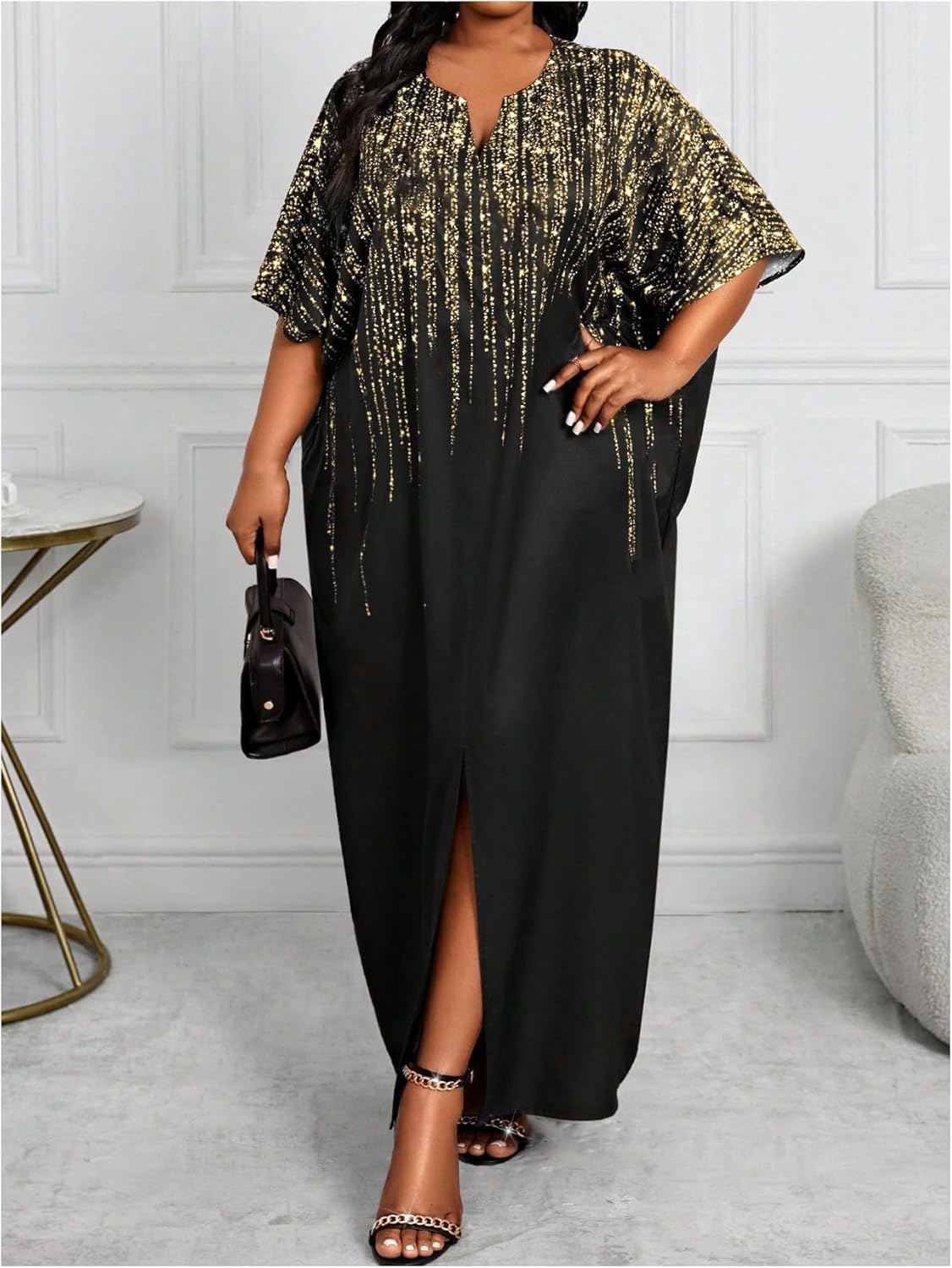 OYOANGLE Women's Plus Size Solid Color Cutout Slit Caftans Kaftan Dresses Loungewear Sleeves Maxi Dress