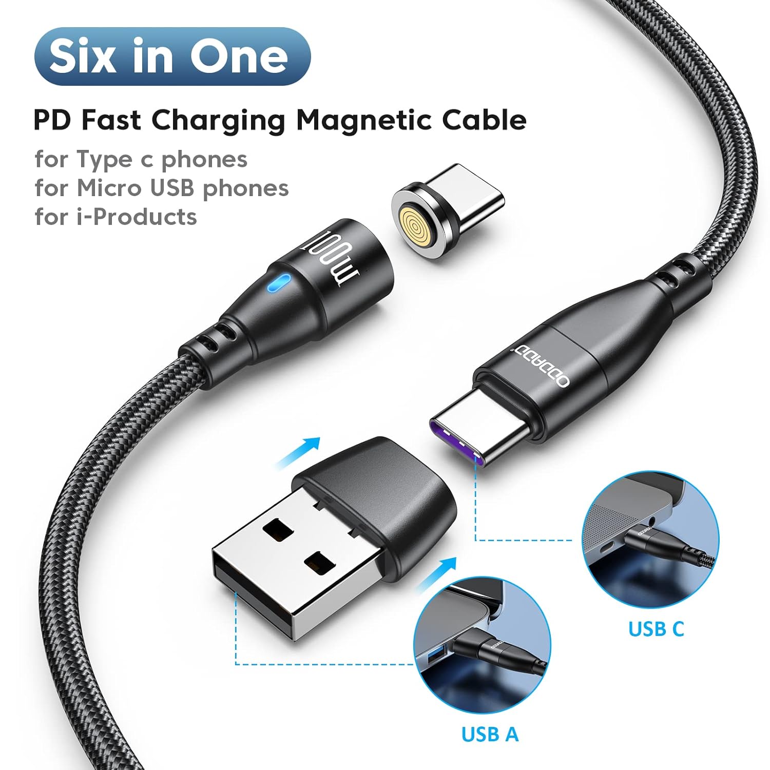 100W USB C Magnetic Charging Cable 2pack(3.3ft+6ft), 6 in 1 Magnetic Fast Charging Cable, Magnetic USB C Charging Cable Compatible with Micro USB, Type C and All Devices