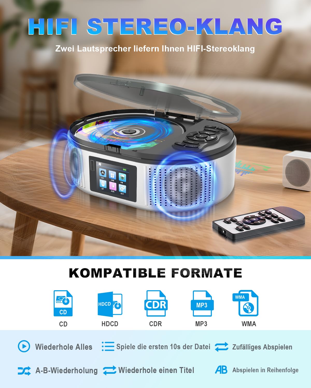 Lecteurs CD Portable Bluetooth 5.3 avec Double Haut-Parleur Stéréo, 4000mAh Rechargeable Lecteur CD Bluetooth contrôle à Distance, écran LCD, Prise en Charge Radio FM/USB/AUX Lecteur CD Portable