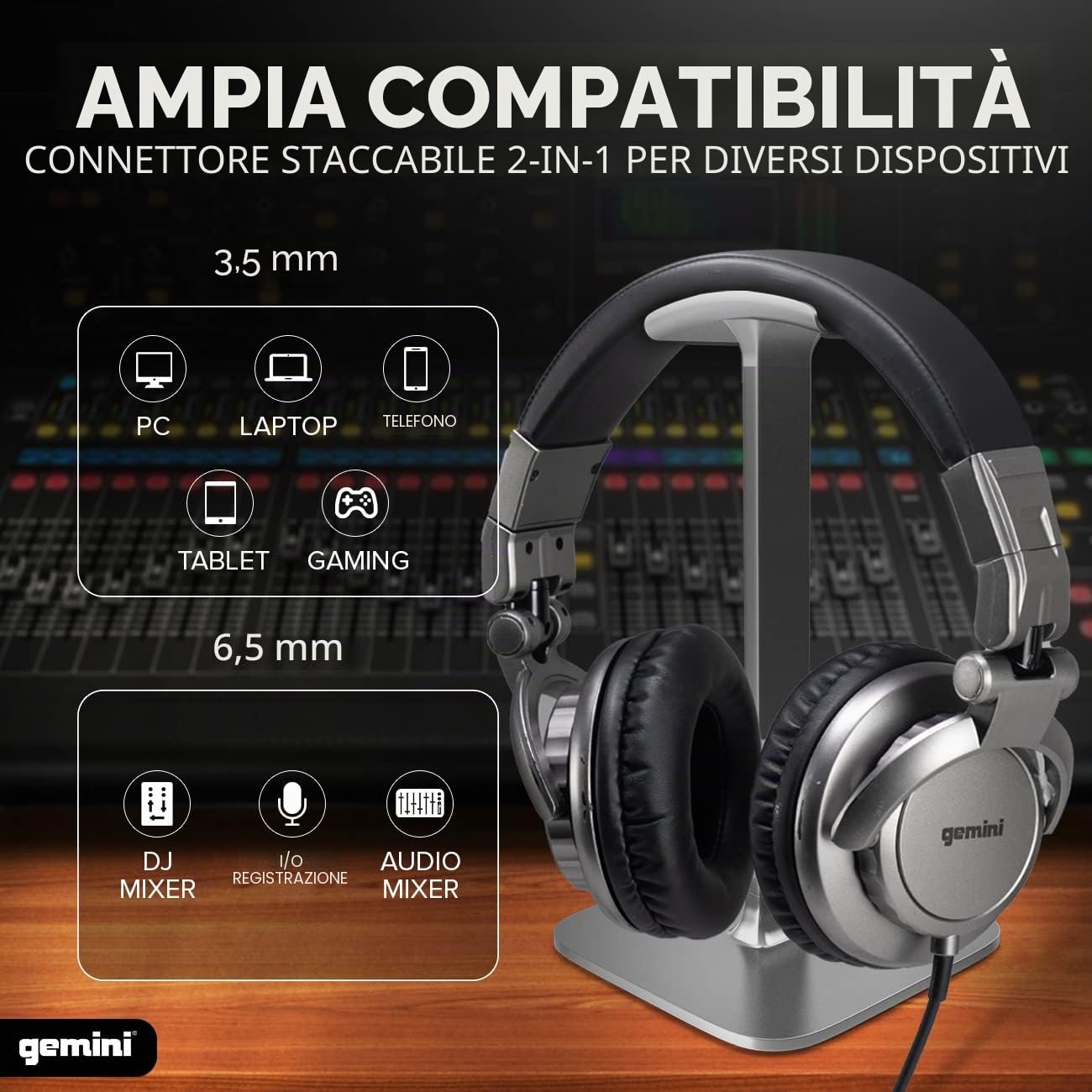 Gemini Sound DJX-500 Cuffie Professionali per DJ | Cuffie da studio cablate, driver da 57 mm - chiusura posteriore, coppe rotanti - connettori da 1/8" e 1/4" - monitoraggio