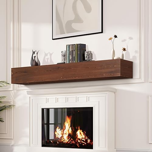 Miniatura 78 de Mantel de chimenea de 60 pulgadas, estante de mantel hecho a mano para sobre chimenea, mantel de madera con soporte invisible resistente, estantes