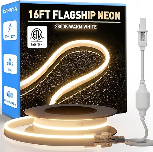 KANAYA Luz de cuerda LED de neón de 16 pies con certificación ETL, CA 110V-120V conectable cortable iluminación IP65 impermeable, para decoración