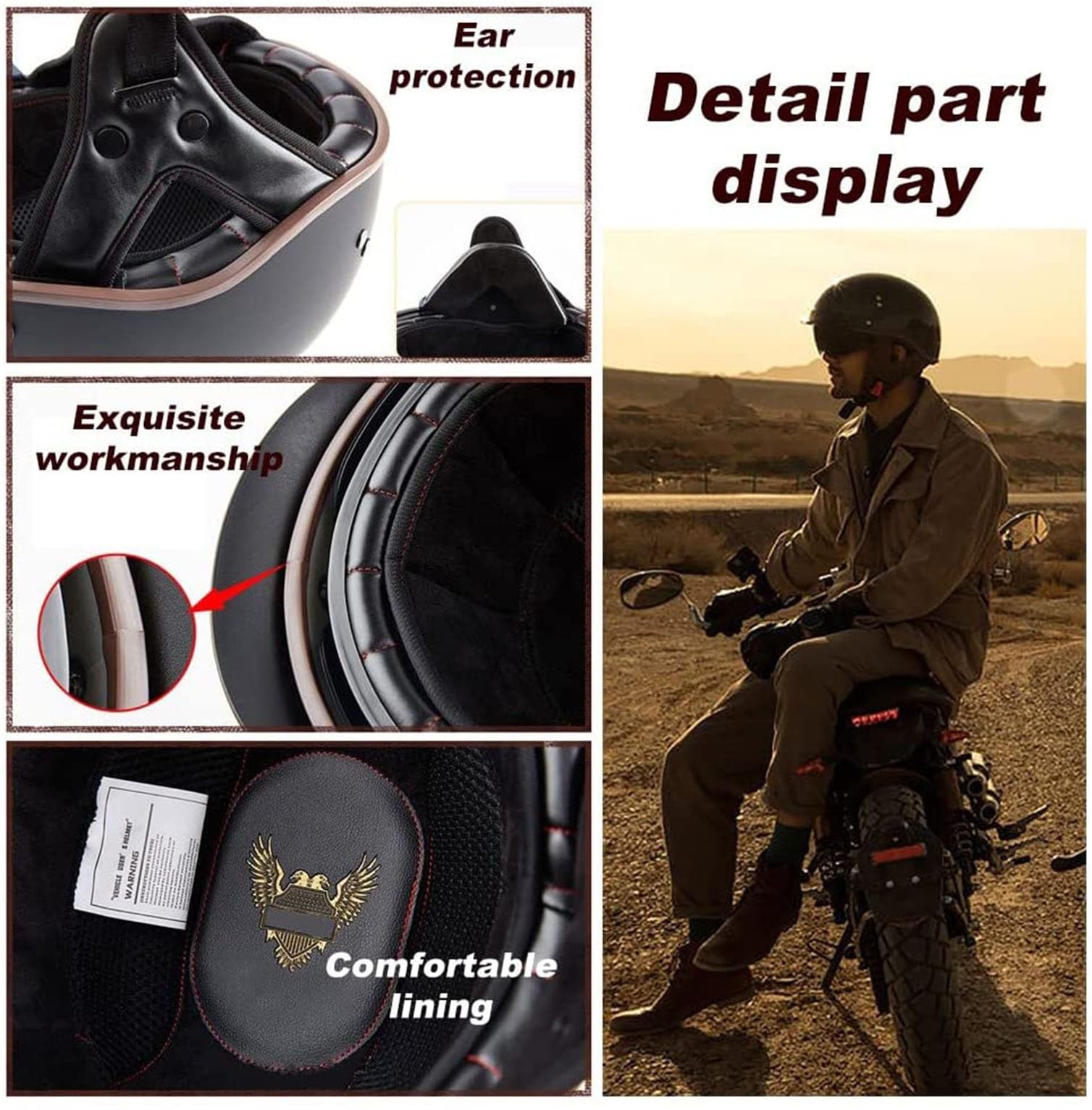Kask motocyklowy w stylu vintage w niemieckim stylu. Certyfikat ECEDOT - ultralekka skorupa ABS z osłoną przeciwsłoneczną, oddychającą, zdejmowaną wyściółką.