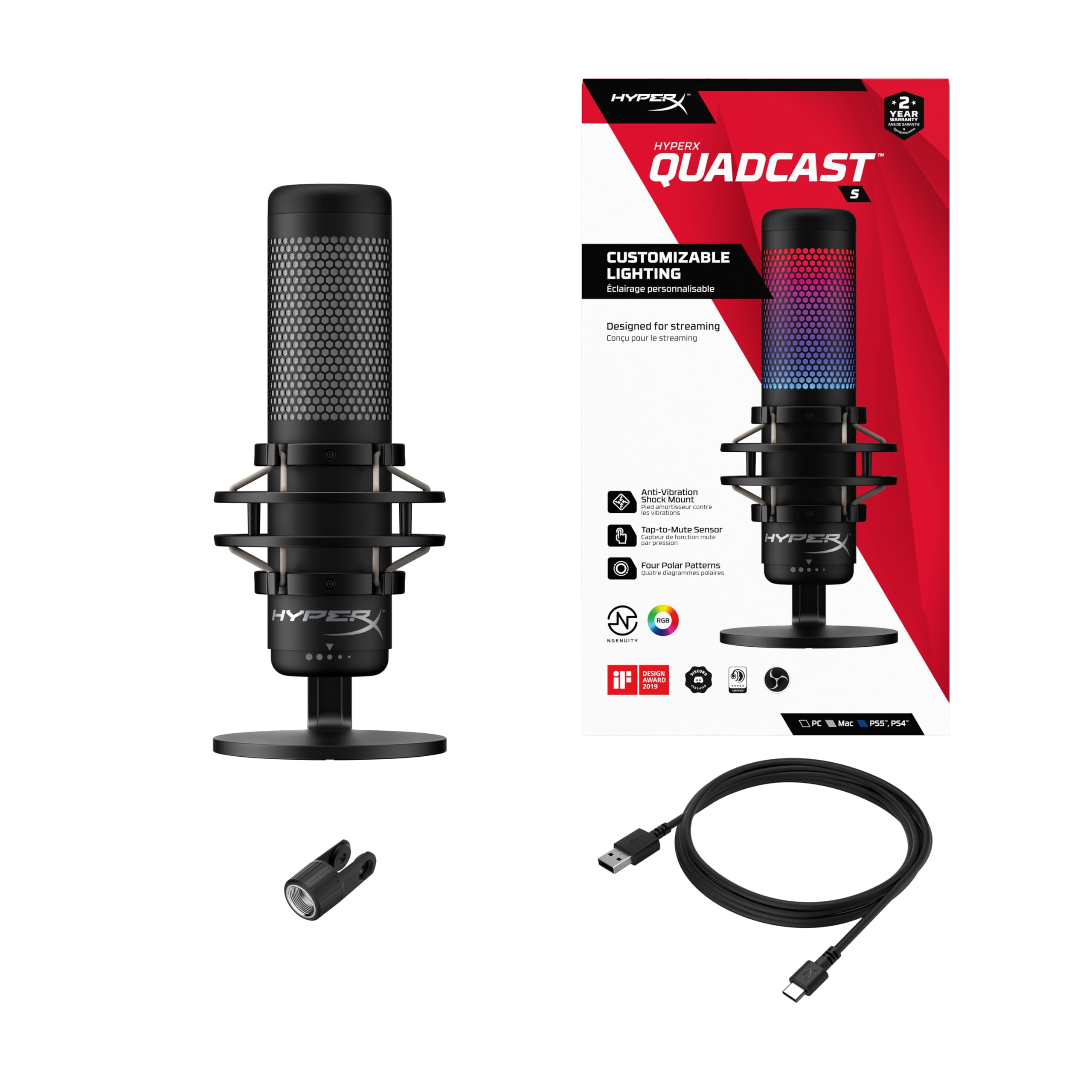 HyperX QuadCast S – Micro USB à condensateur RGB pour PC, PS4 et Mac, support anti-vibrations, Filtre anti-pop, Jeux, Streaming, Podcasts, Twitch, YouTube, Discord