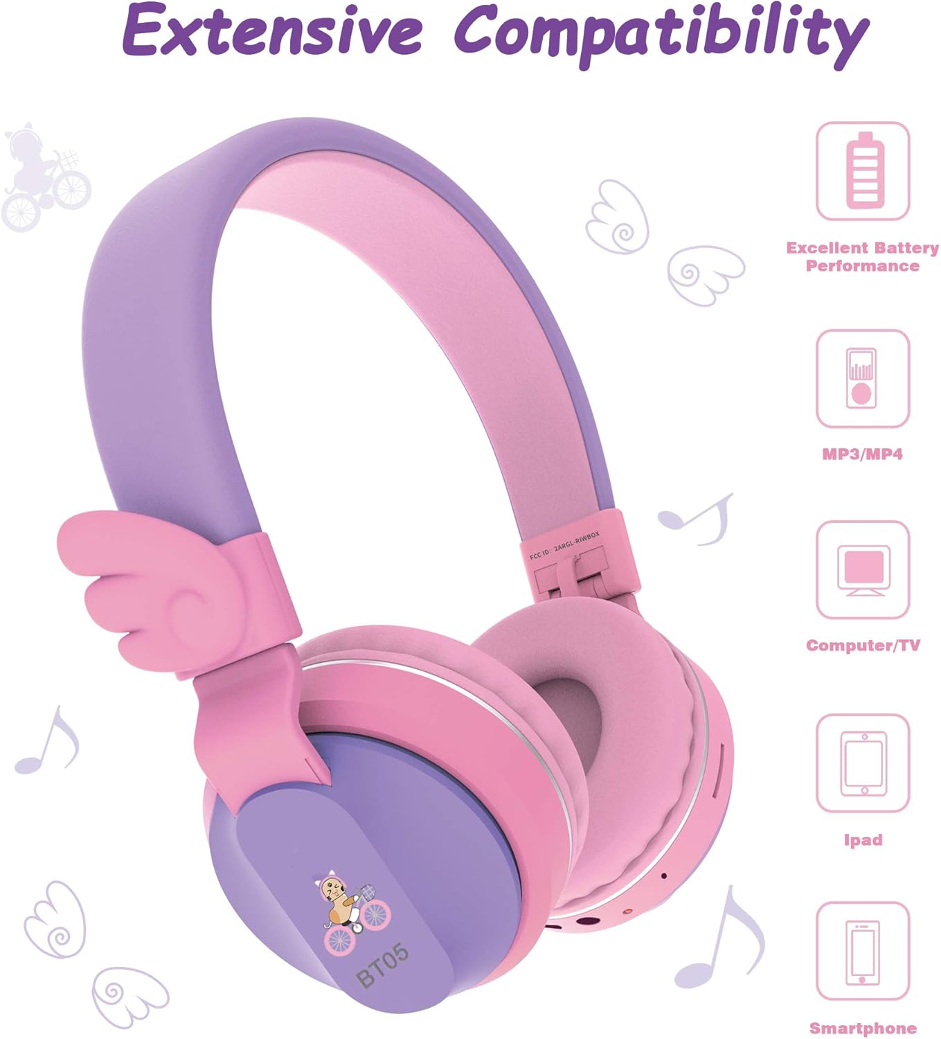 Free Shipping 🛒 Riwbox BT05 Bluetooth Kids Headphones Wireless Foldable Headset Over Ear with Volume Limited and Mic/TF Card Compatible for iPad/iPhone/Tablet (Purple&Pink)