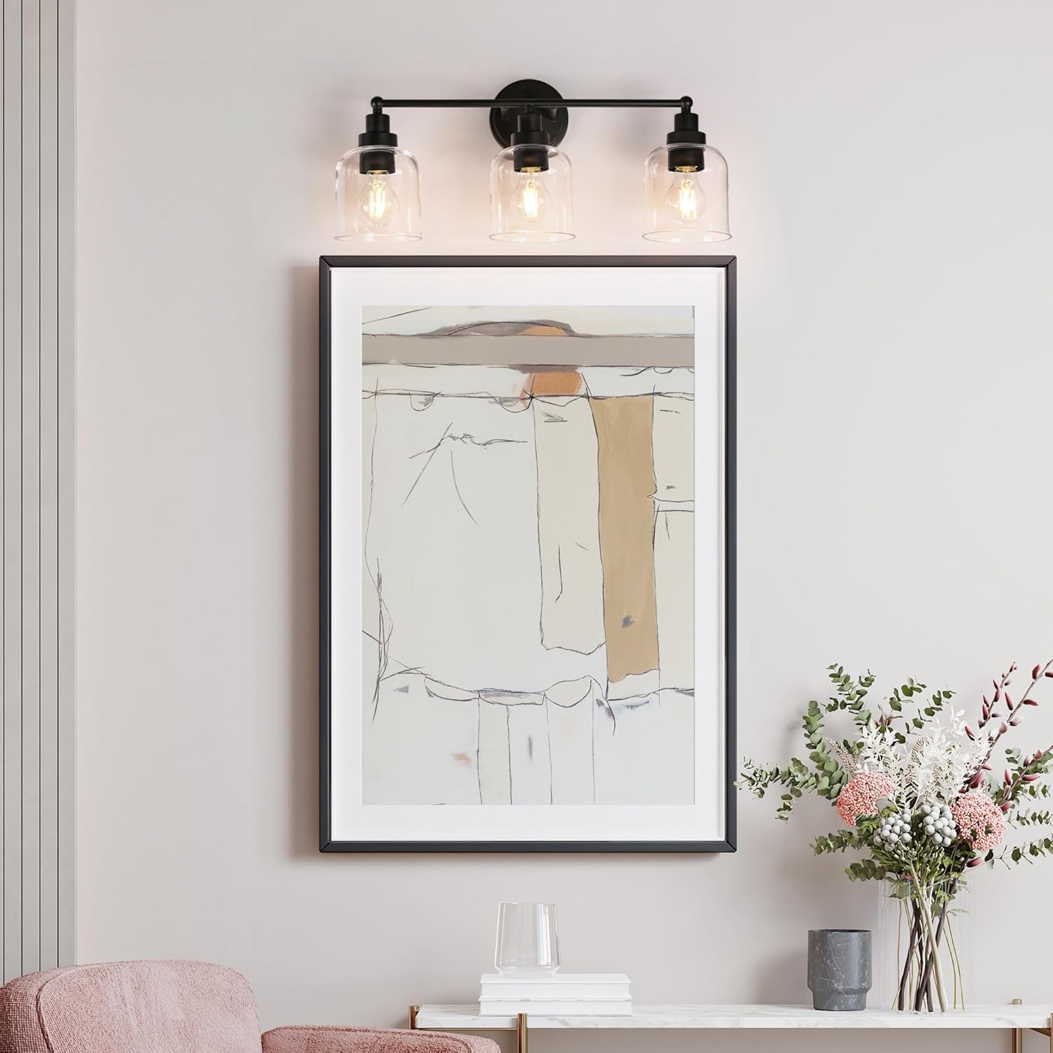 Bathroom Wall Light Fixtures, 3-Light Black Vanity Light with Clear Glass Shade, Modern Farmhouse Wall Lamp Over Mirror for Hallway, Kitchen, Bedroom and Living Room