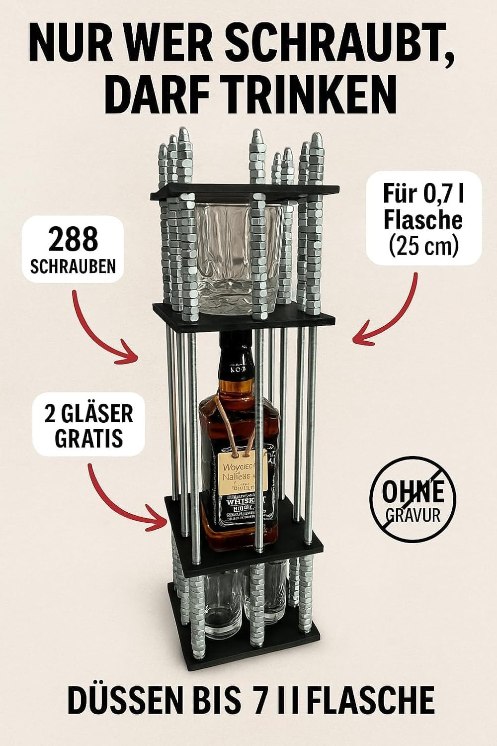 Alkohol-Käfig Geschenkset – Holz Puzzle Flaschenkäfig mit 288 Schrauben + 2 Gläsern – Für 0,7 l Flasche (25 cm) – Lustiges Männergeschenk, Zabawa