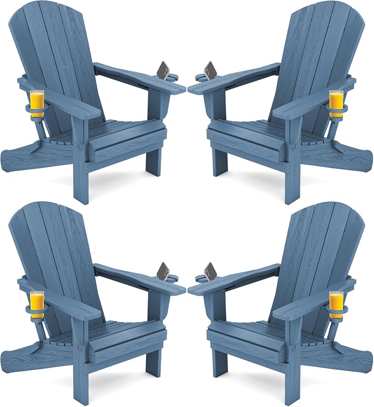 SERWALL Outdoor Adirondack Chair Set of 4 with 2 Cup Holders,Foldable,Blue