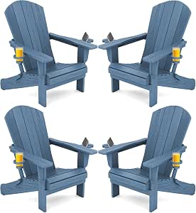 SERWALL Outdoor Adirondack Chairs Set of 4 with 2 Cup Holders, Foldable, Blue