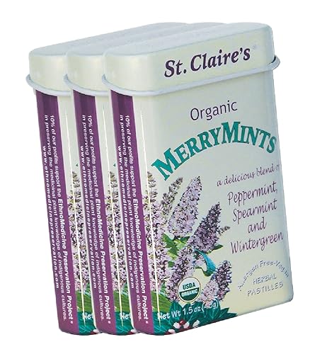 St. Claire's Organic Breath Mints, (MerryMints, lata de 1.5 onzas, paquete de 3) Sin gluten, veganas, sin OMG, a base de plantas, sin alérgenos