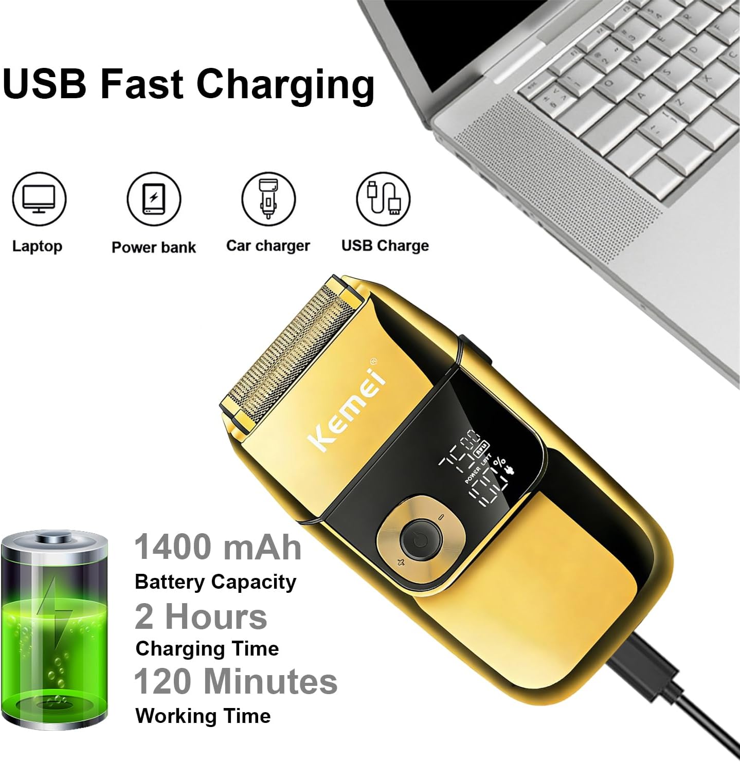 KEMEI Electric Razors for Men, LCD Display Cordless Men's Razors, USB Rechargeable with Pop-up Beard Trimmer Best Worldwide Travel Gift, Model KM 2028, Gold - Image 6